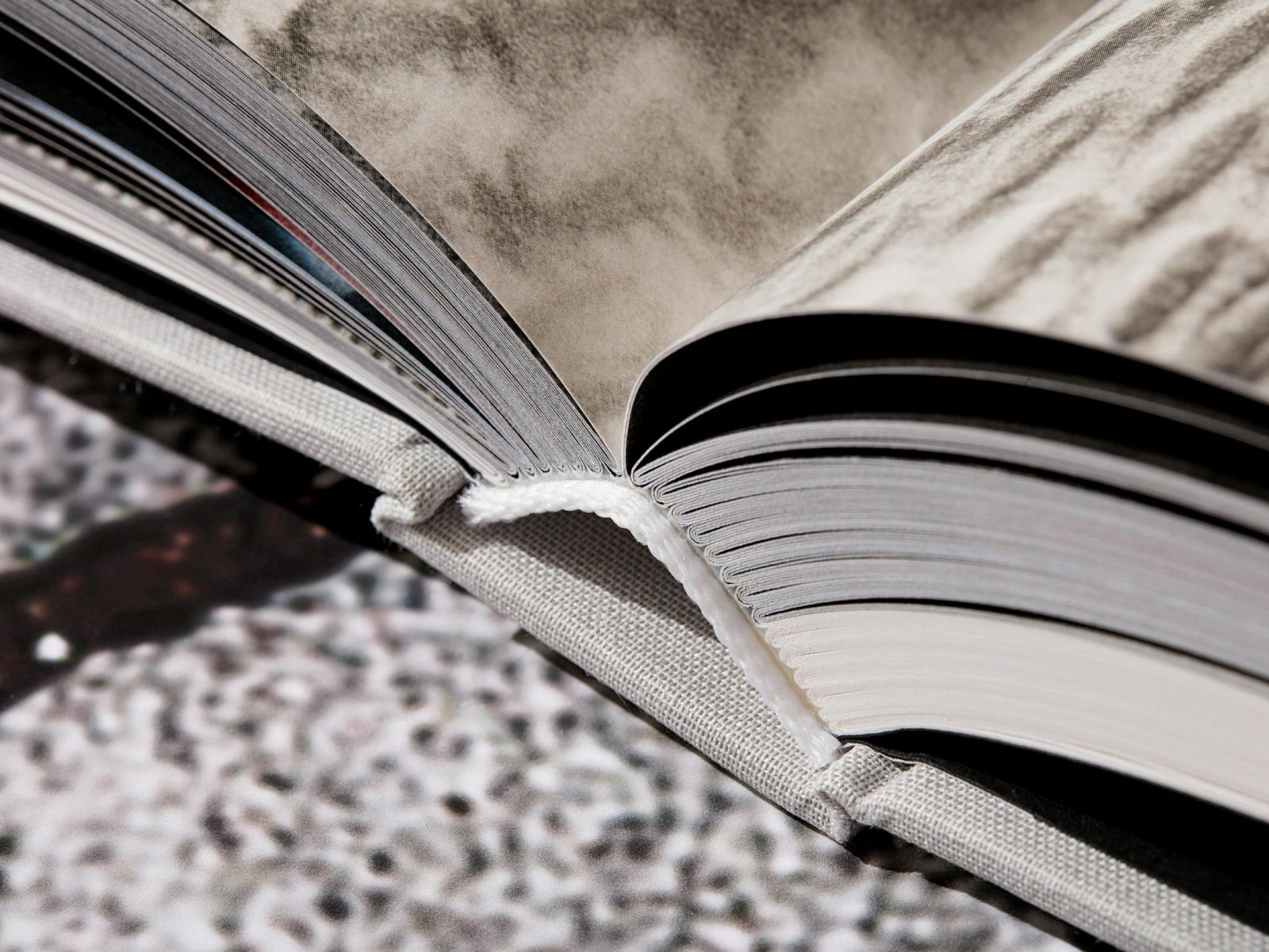 Macro shot of a fabric bound book open to thick pages showing the spine and binding.