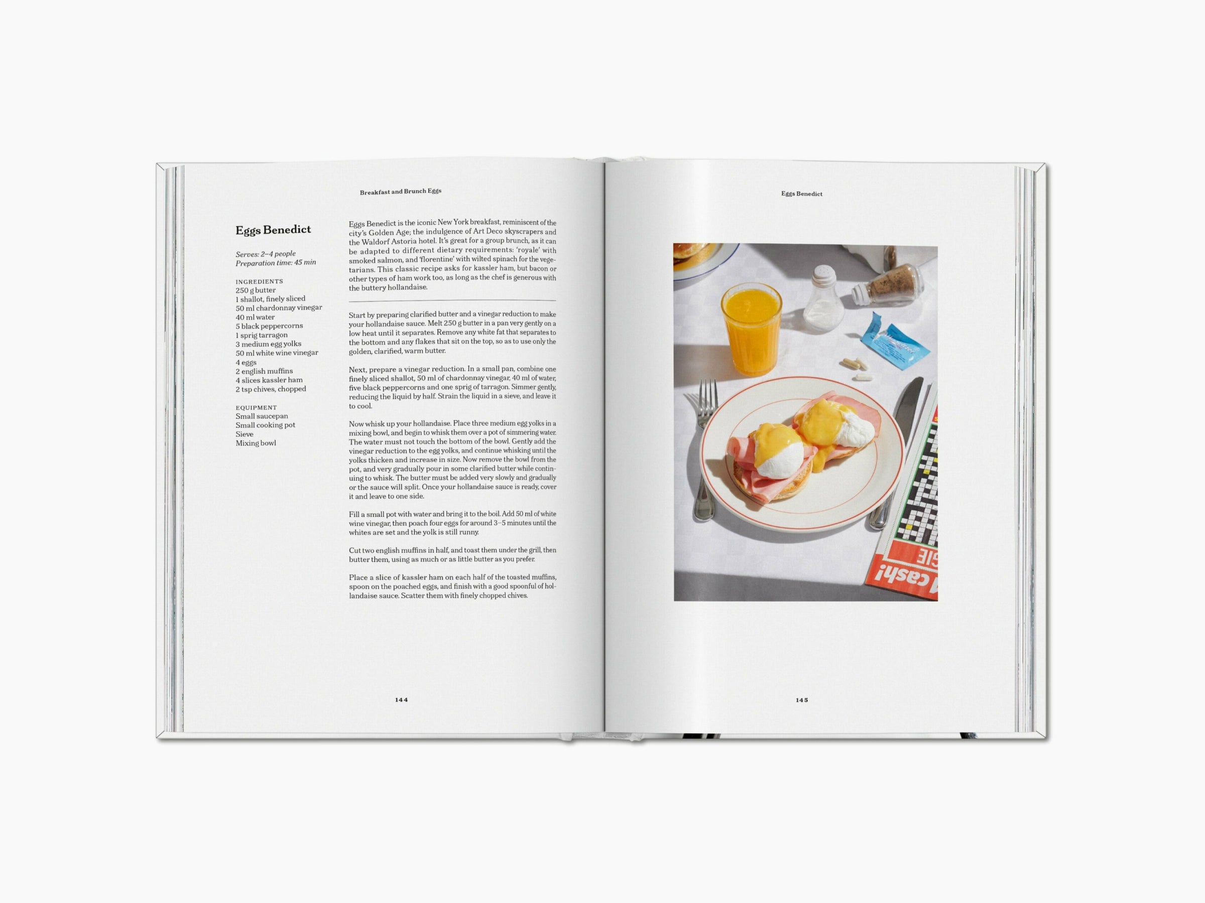 Spread from The Gourmand’s Egg showing Eggs Benedict recipe on the left and a plated breakfast on the right.