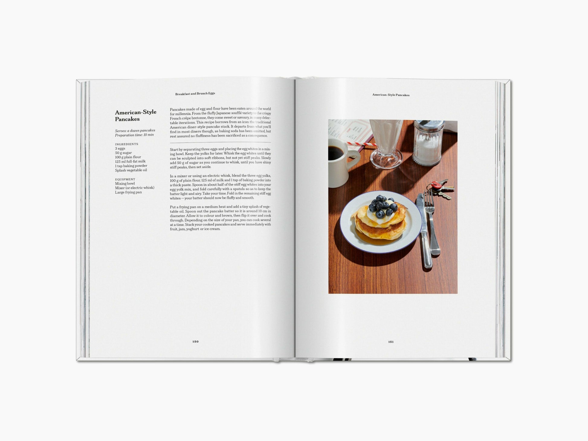 Spread from The Gourmand’s Egg with American-Style Pancakes recipe on the left and blueberry pancakes on the right.