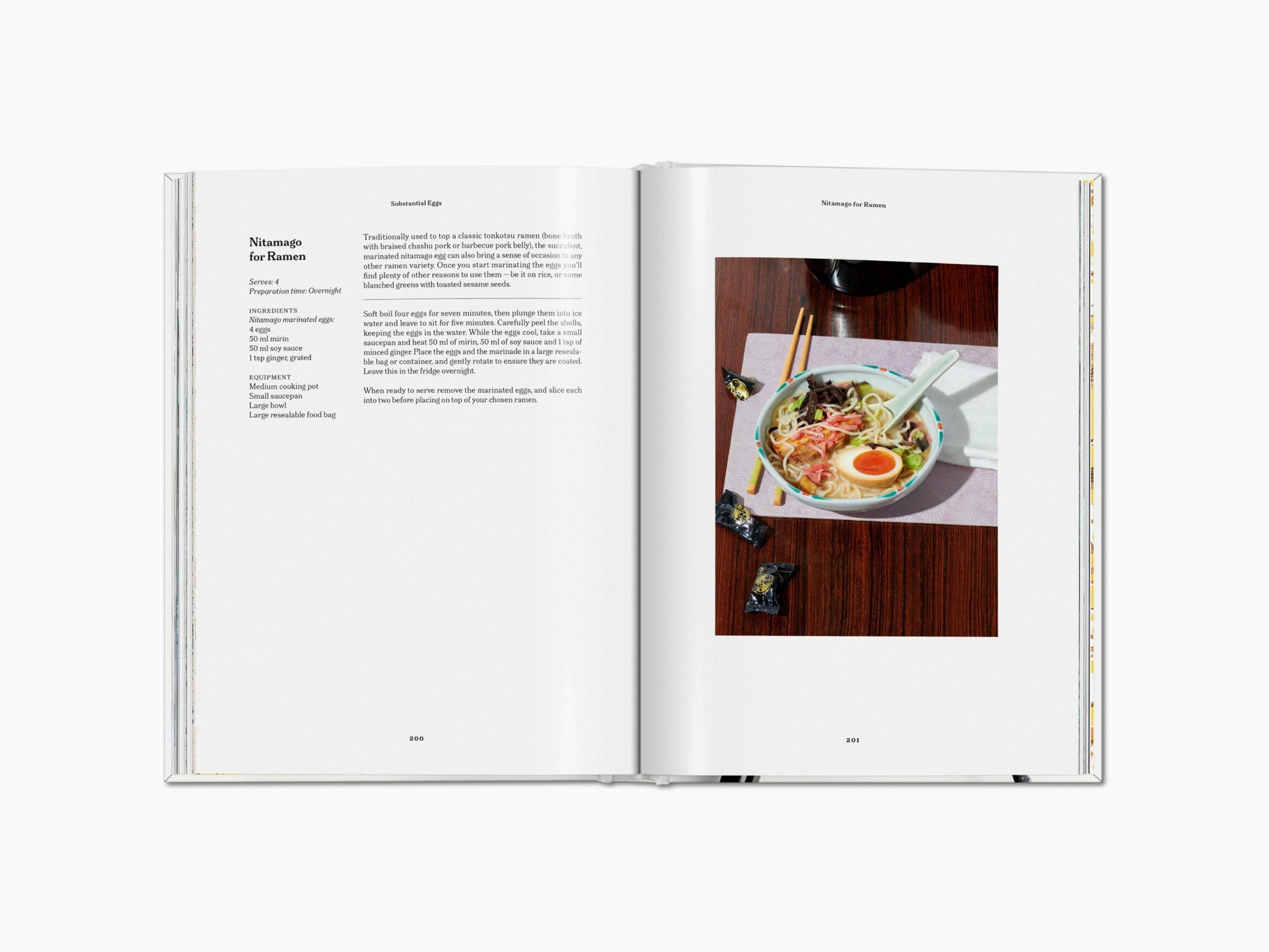 Spread from The Gourmand’s Egg with Nitamago for Ramen recipe on the left and a ramen bowl on the right.