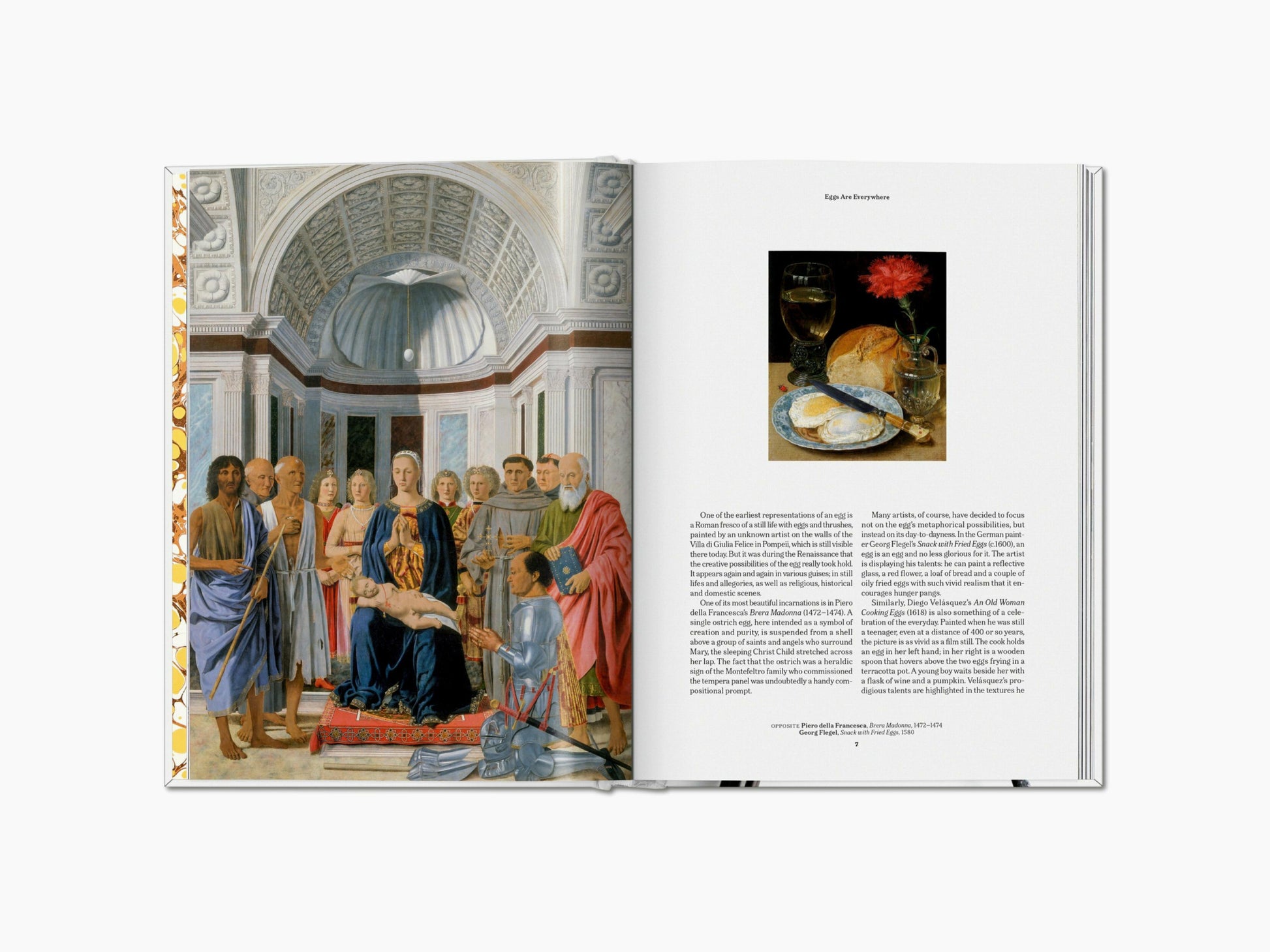 Two-page spread from The Gourmand’s Egg with a grand hall painting on the left and a small still life of bread, wine, and a flower on the right.