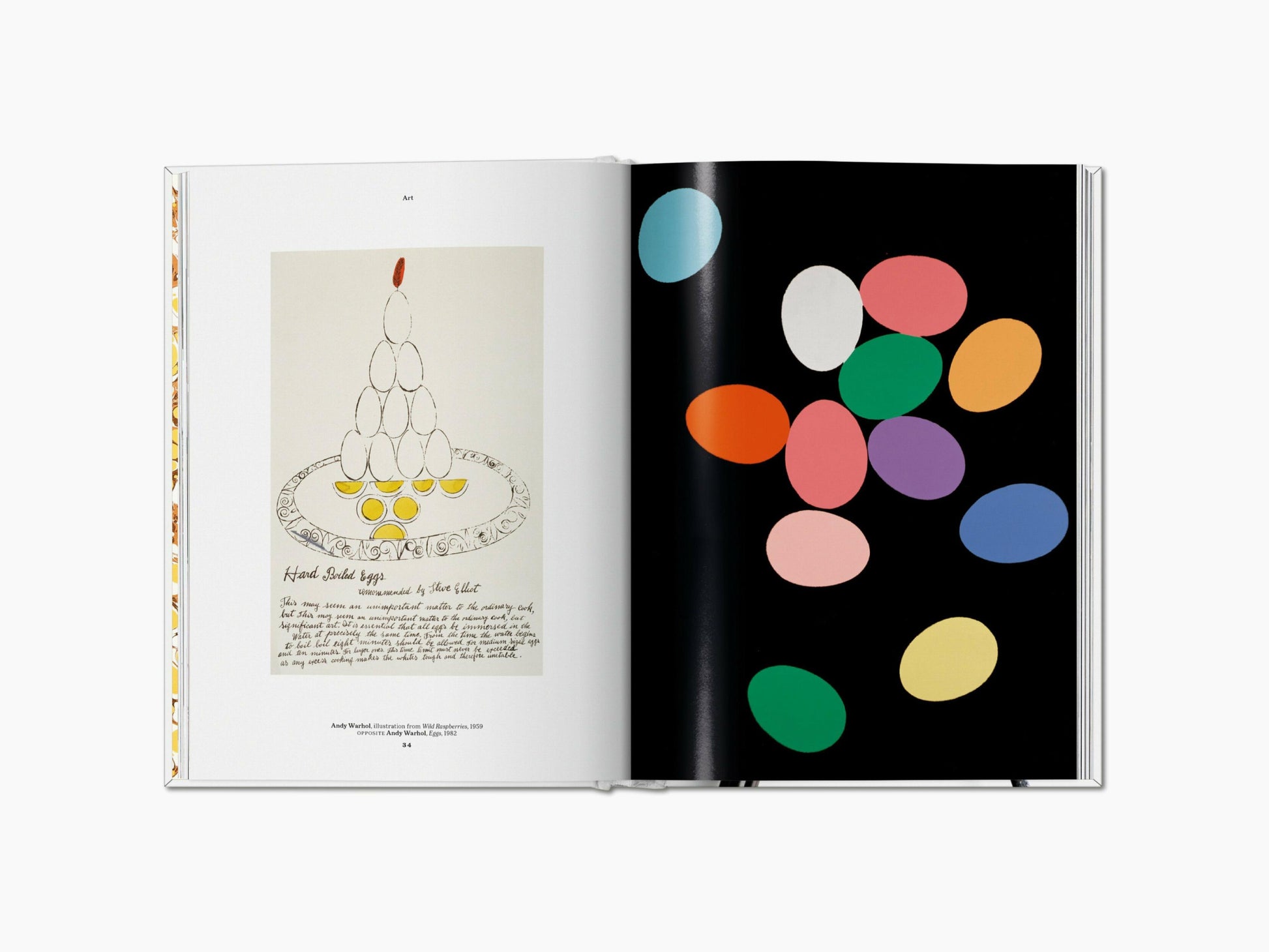 Two page spread from The Gourmand’s Egg showing stacked eggs on a decorative plate left and a colorful oval study on black right.