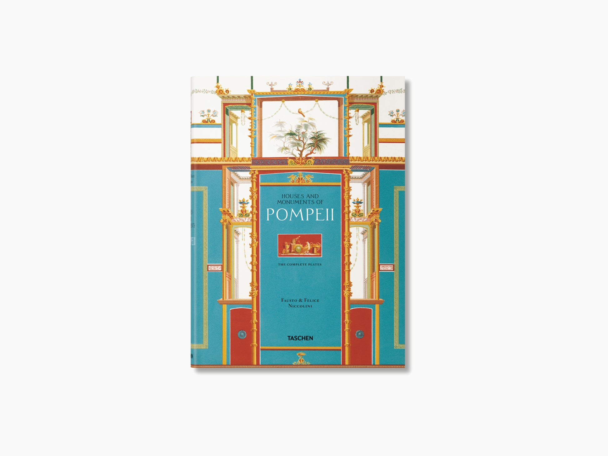 Cover of Pompeii Houses and Monuments book with turquoise panels and gilded architectural frame.