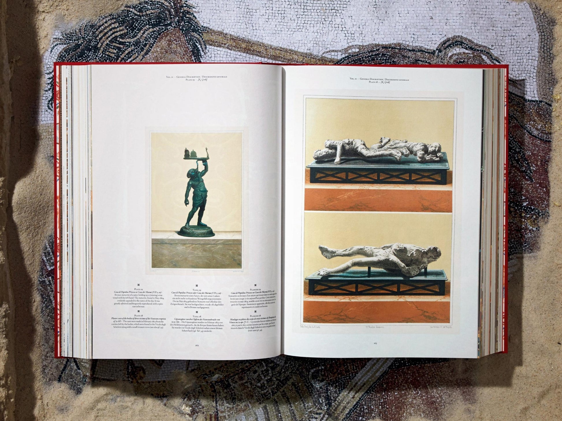 Two page spread from Pompeii volume showing a standing statue on the left and a reclining sculpture on the right.