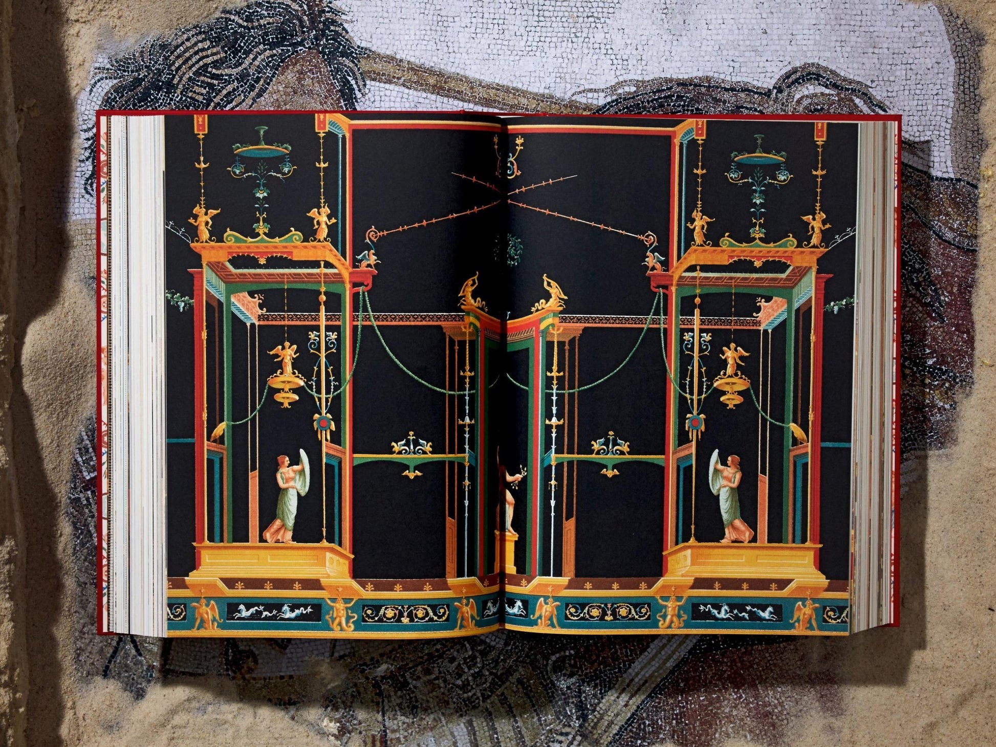 Vivid decorative interior illustration from Pompeii with ornate arches columns and sculpted figures.