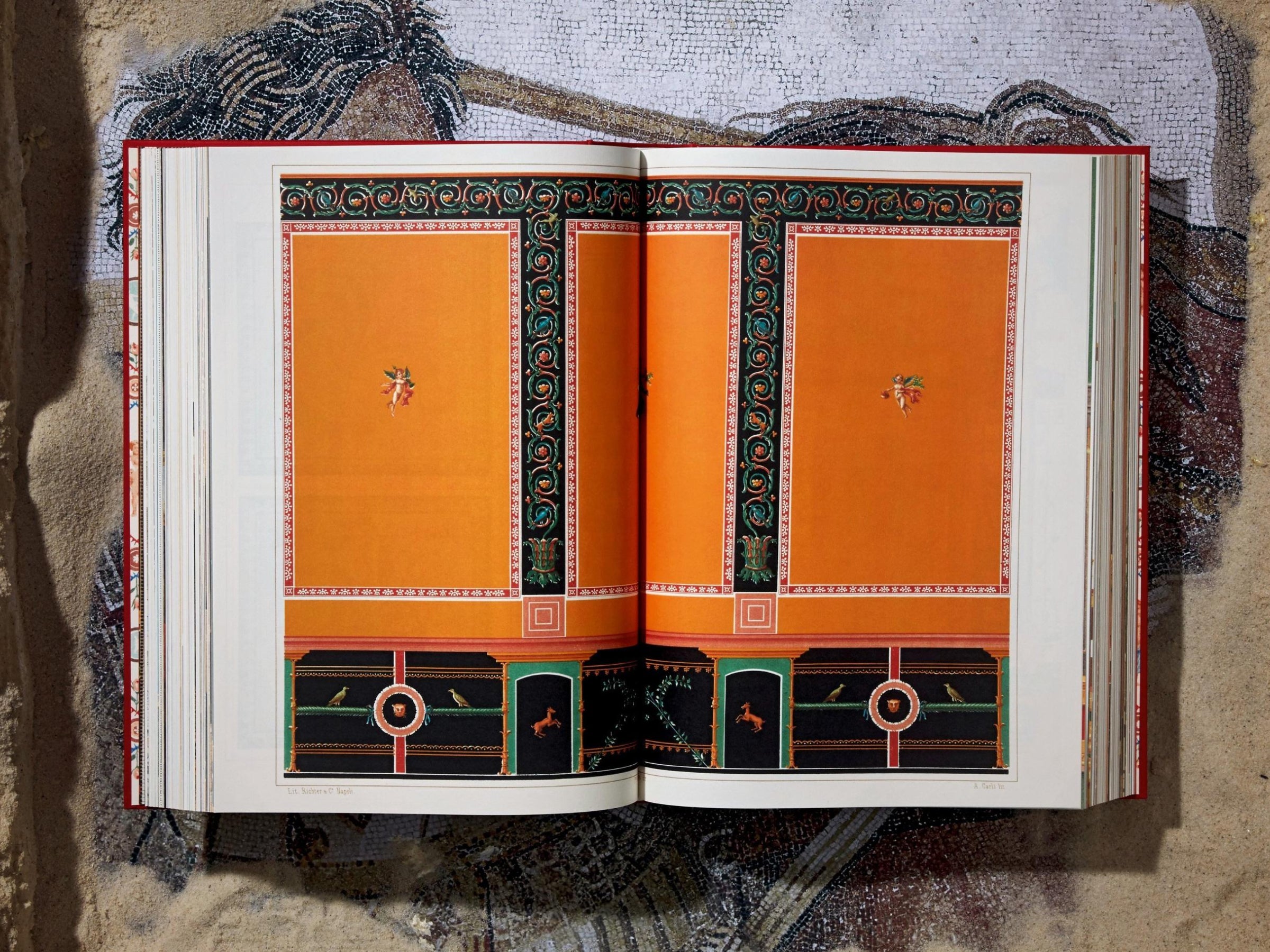 Two page color plate from Fausto & Felice Niccolini Pompeii volume depicting an ornate interior with orange walls and green borders.