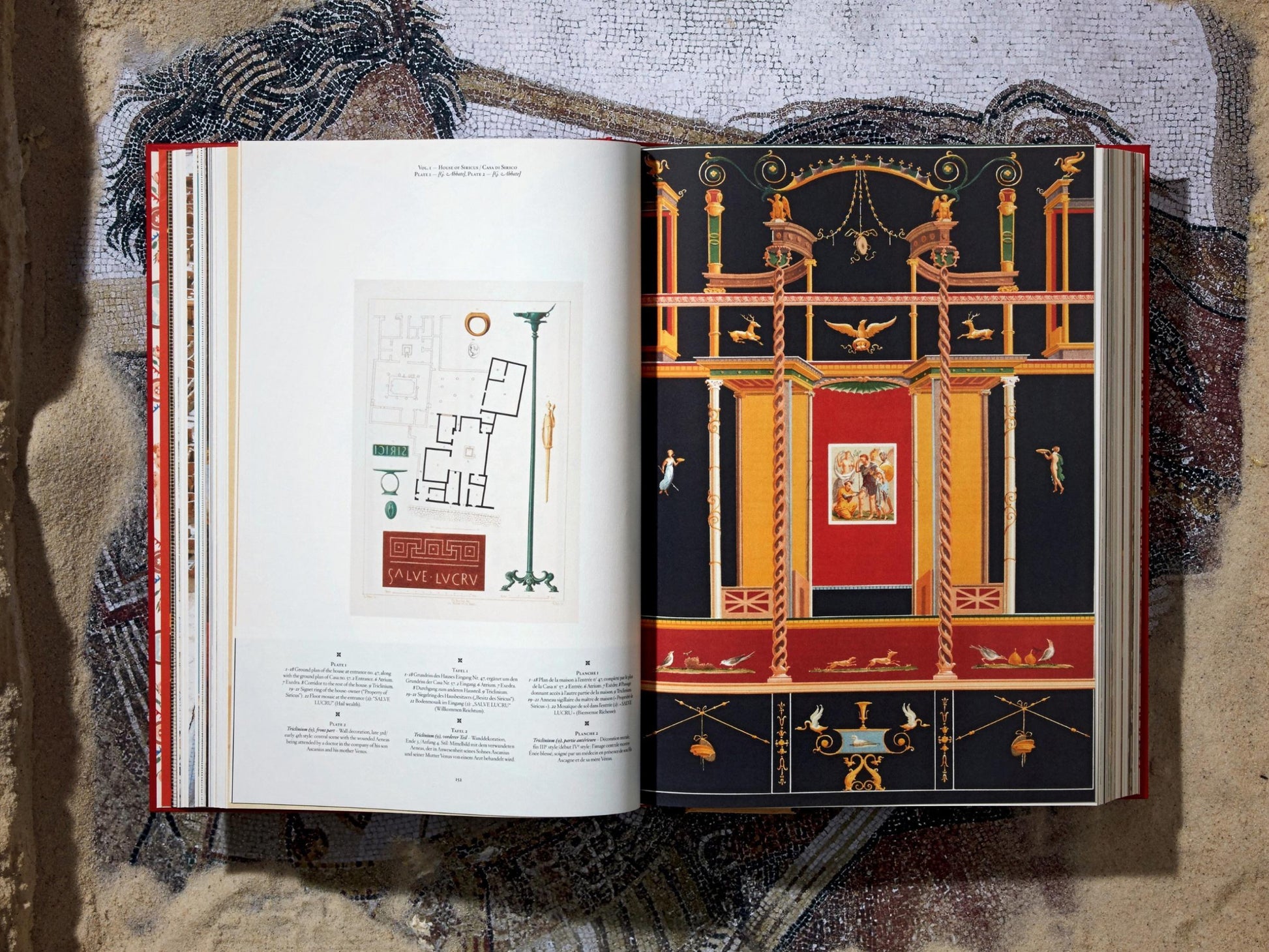 Two-page spread with a floor plan on the left and a richly colored interior with gilded architecture on the right from Pompeii houses.