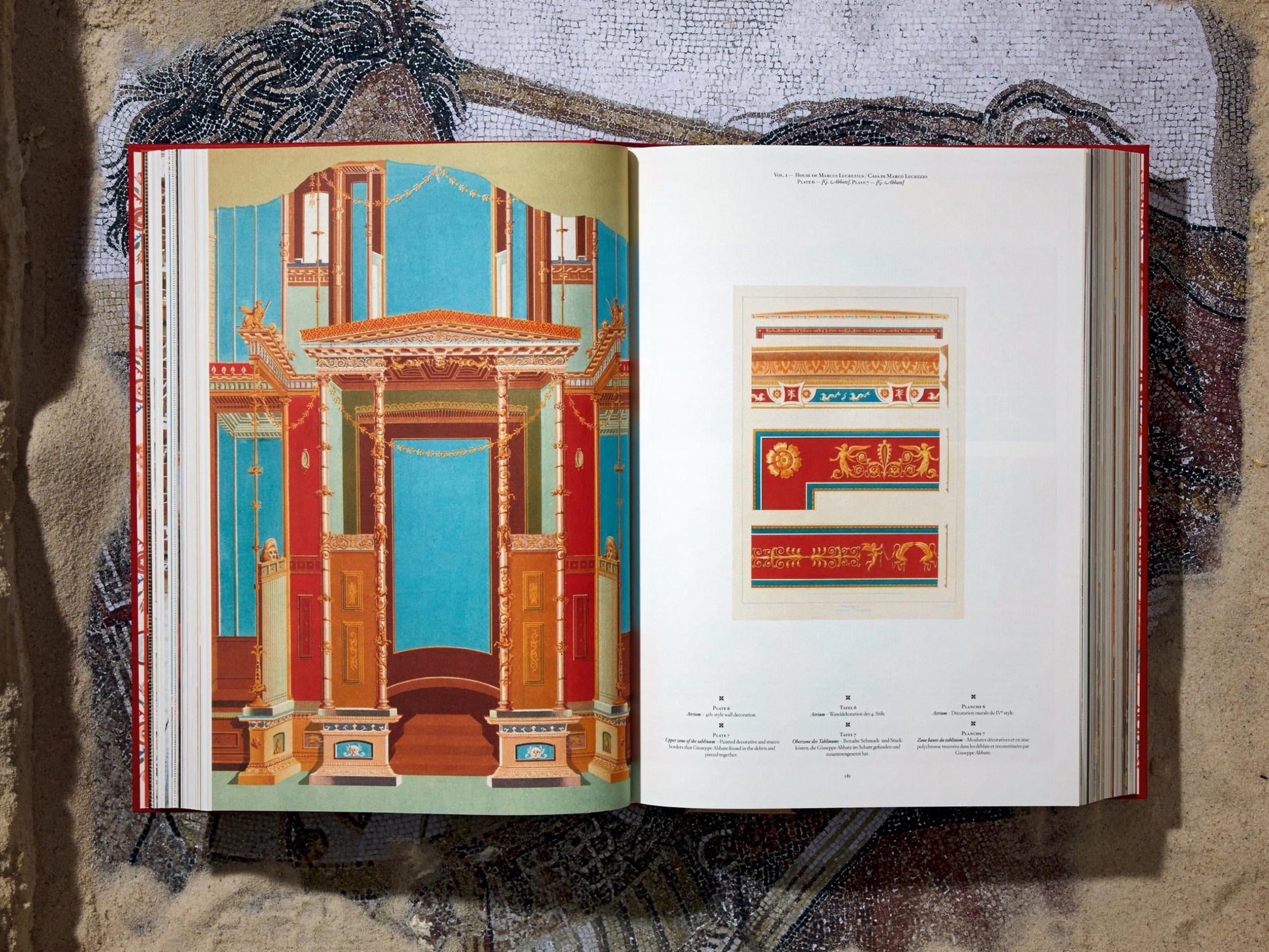 Two-page spread with a colorful Pompeii interior doorway on the left and decorative frieze patterns on the right.