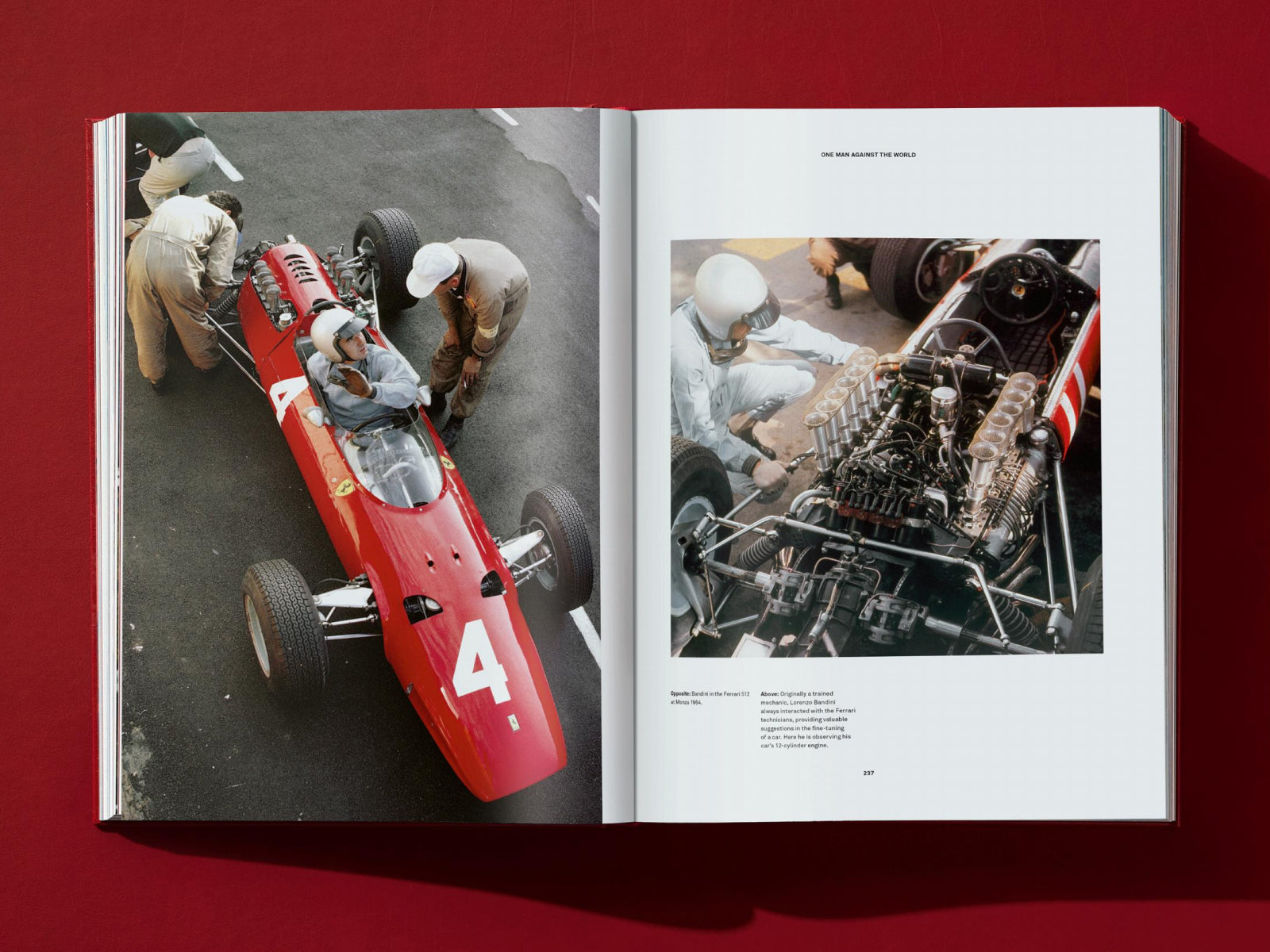 Spread from a Ferrari book showing a red classic race car with number 4 on the body, surrounded by crew on a race track.