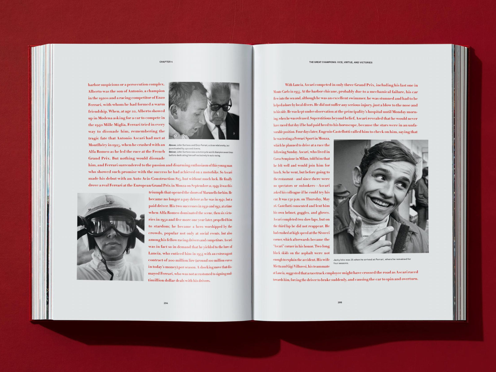 Spread from a Ferrari book with archival black-and-white photo on the left and a close up of a vintage engine on the right.