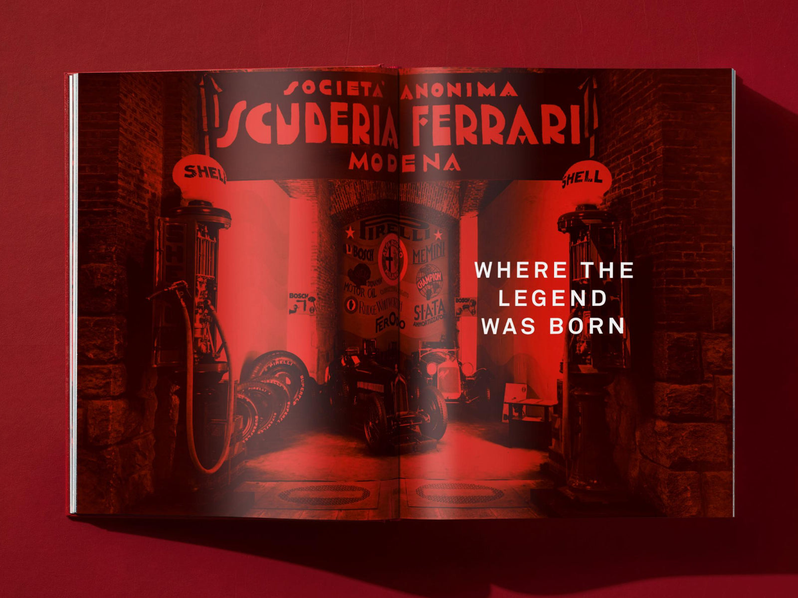 Red tinted spread depicting Ferrari scenes with a brick gate entrance and a vintage open cockpit race car on the right.