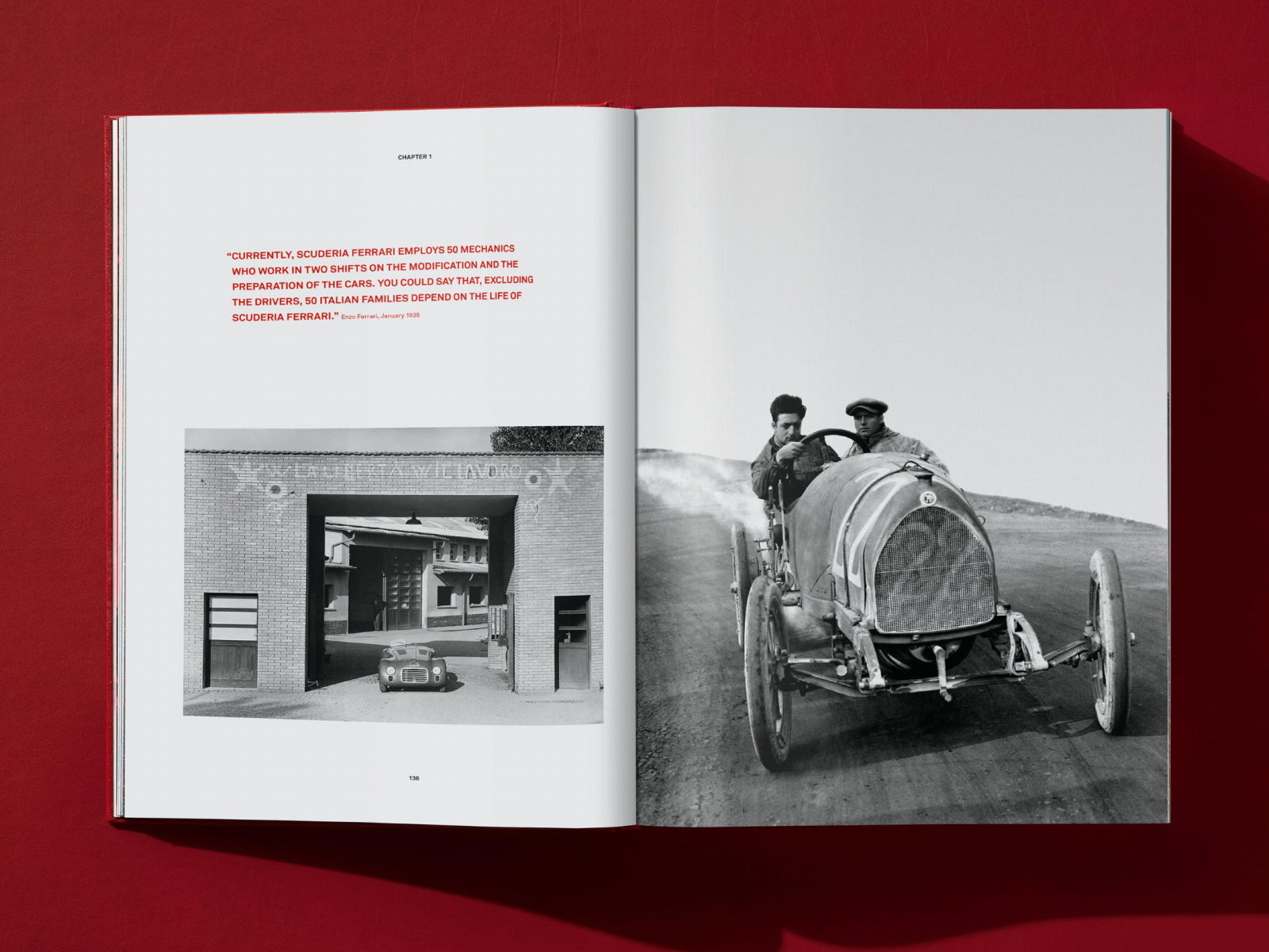 Ferrari heritage spread with a car entering a brick arch on the left and a vintage two-man open cockpit race car on the right.