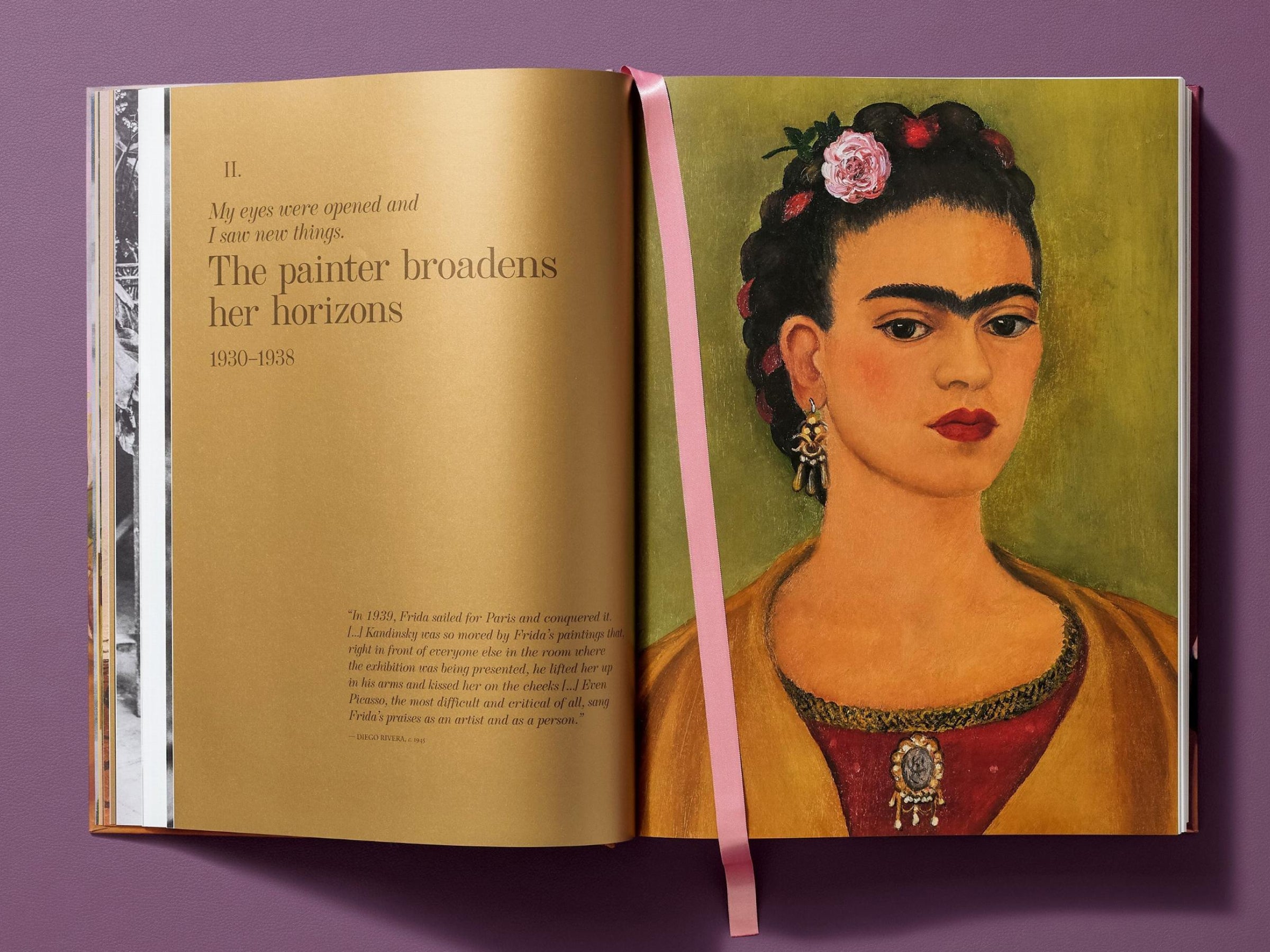 Frida Kahlo The Complete Paintings open spread with a gold left page reading The painter broadens her horizons 1930-1938 and a large Frida portrait on the right.