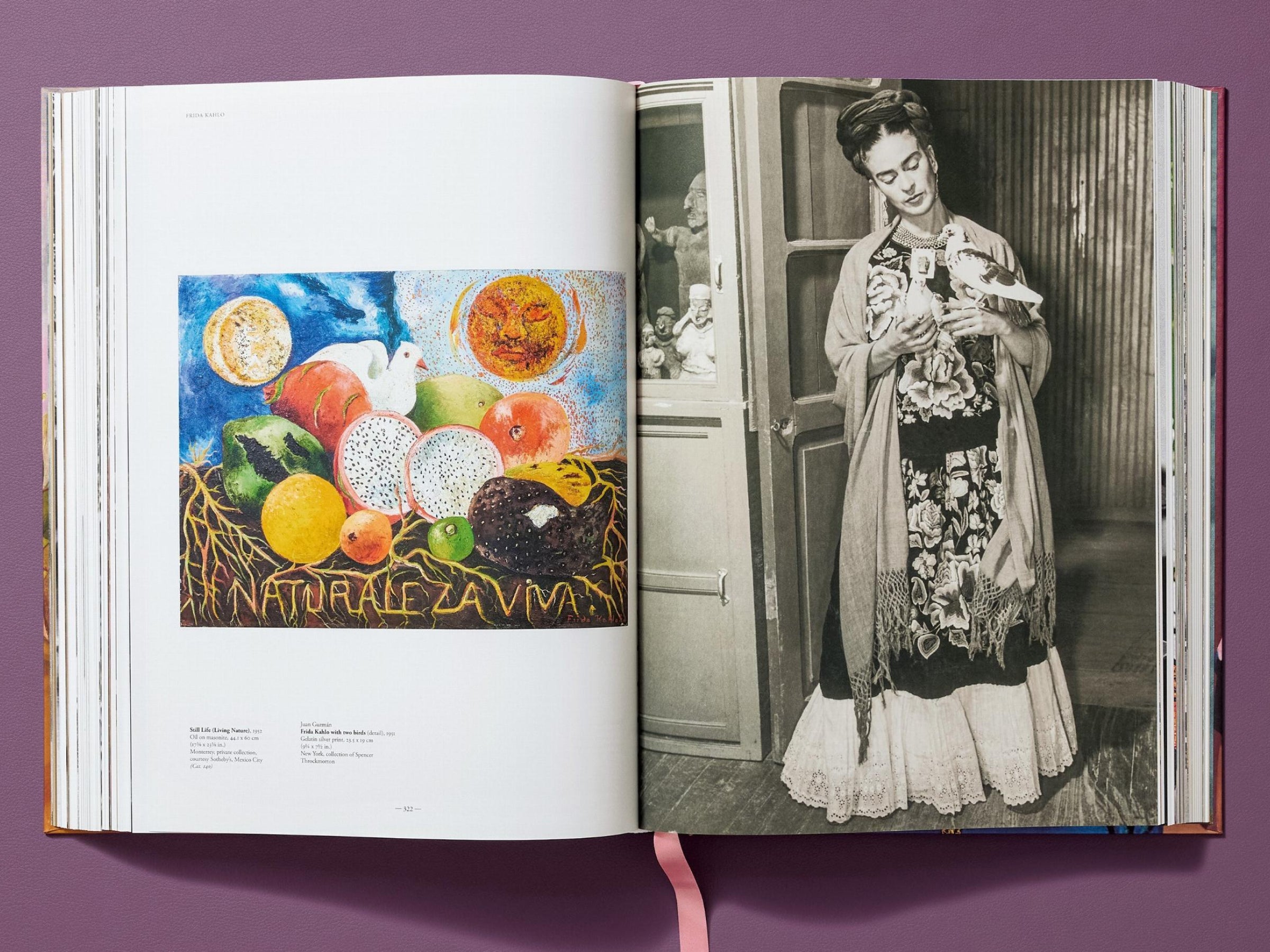 Interior spread showing a vibrant still life of fruit on the left and a black-and-white photograph of Frida Kahlo in a lace dress on the right.