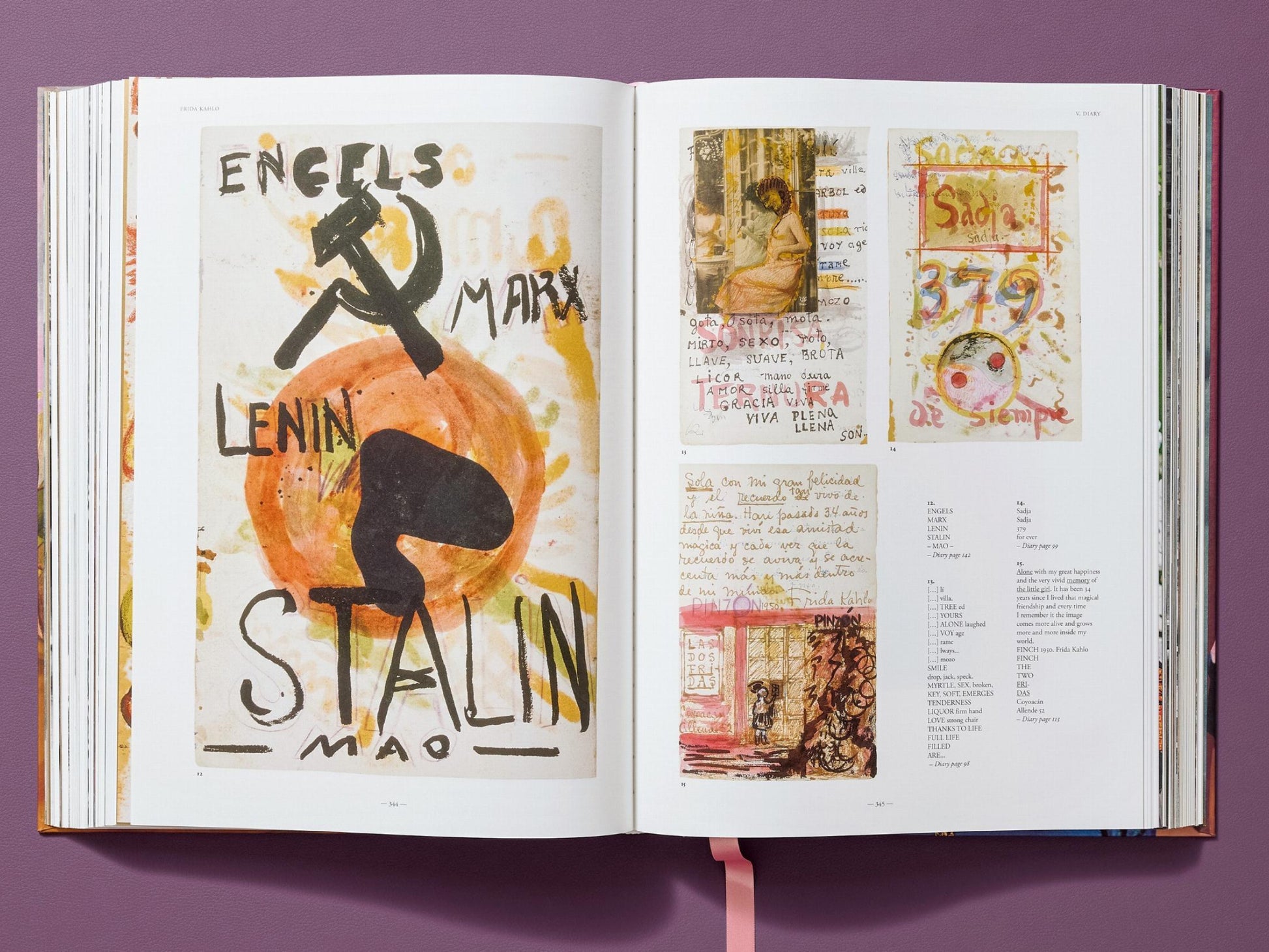 Spread from Frida Kahlo The Complete Paintings showing a large collage style image on the left page with Lenin and Stalin text and symbols, plus smaller works on the right.