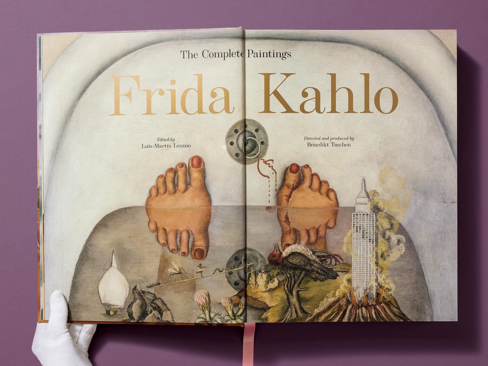 Two-page spread showing the Frida Kahlo The Complete Paintings title on the left and a portrait of Frida Kahlo wearing a flower crown on the right