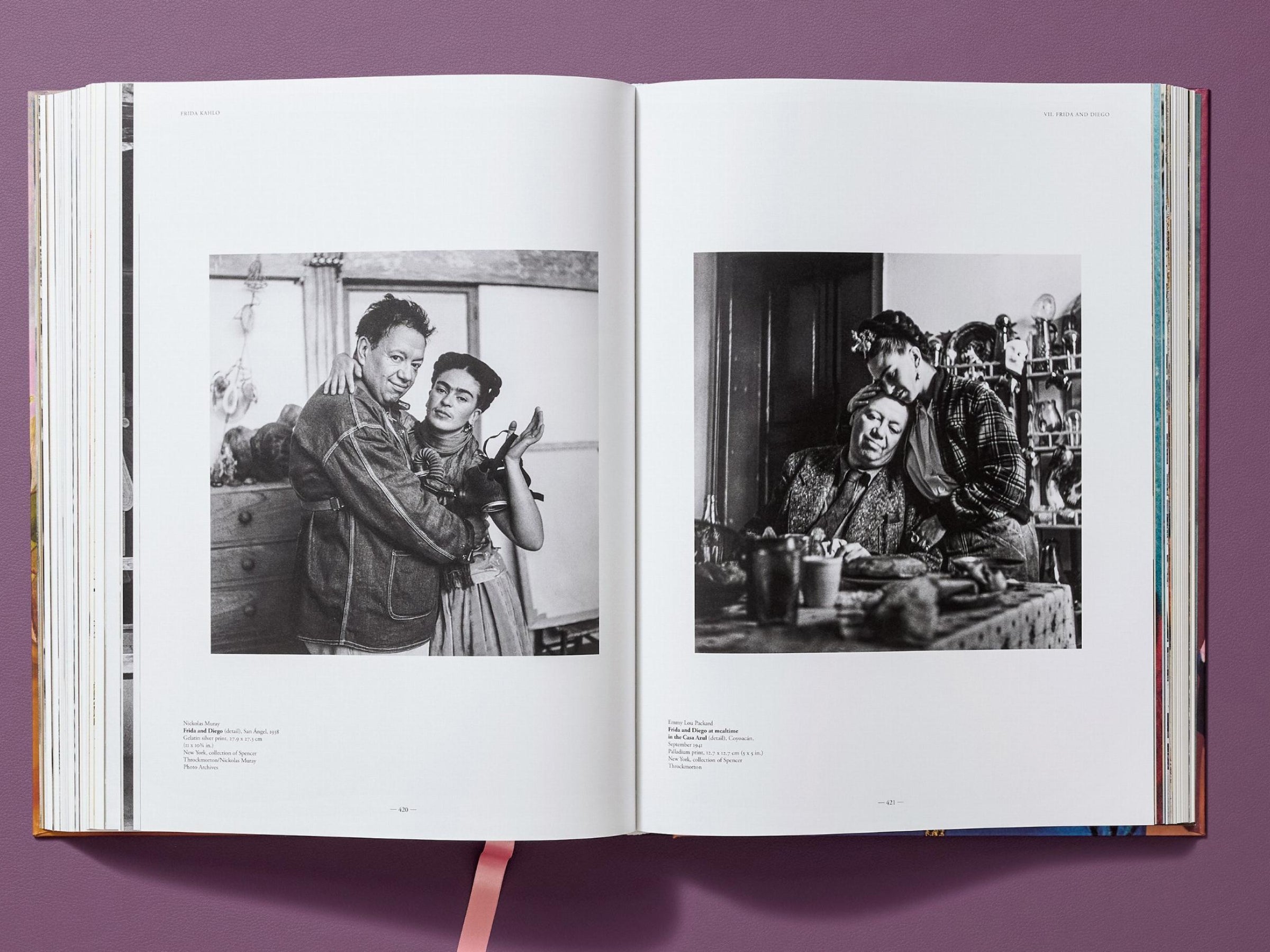 Archival black and white photos from Frida Kahlo The Complete Paintings showing a couple embracing and a lively family dinner at home