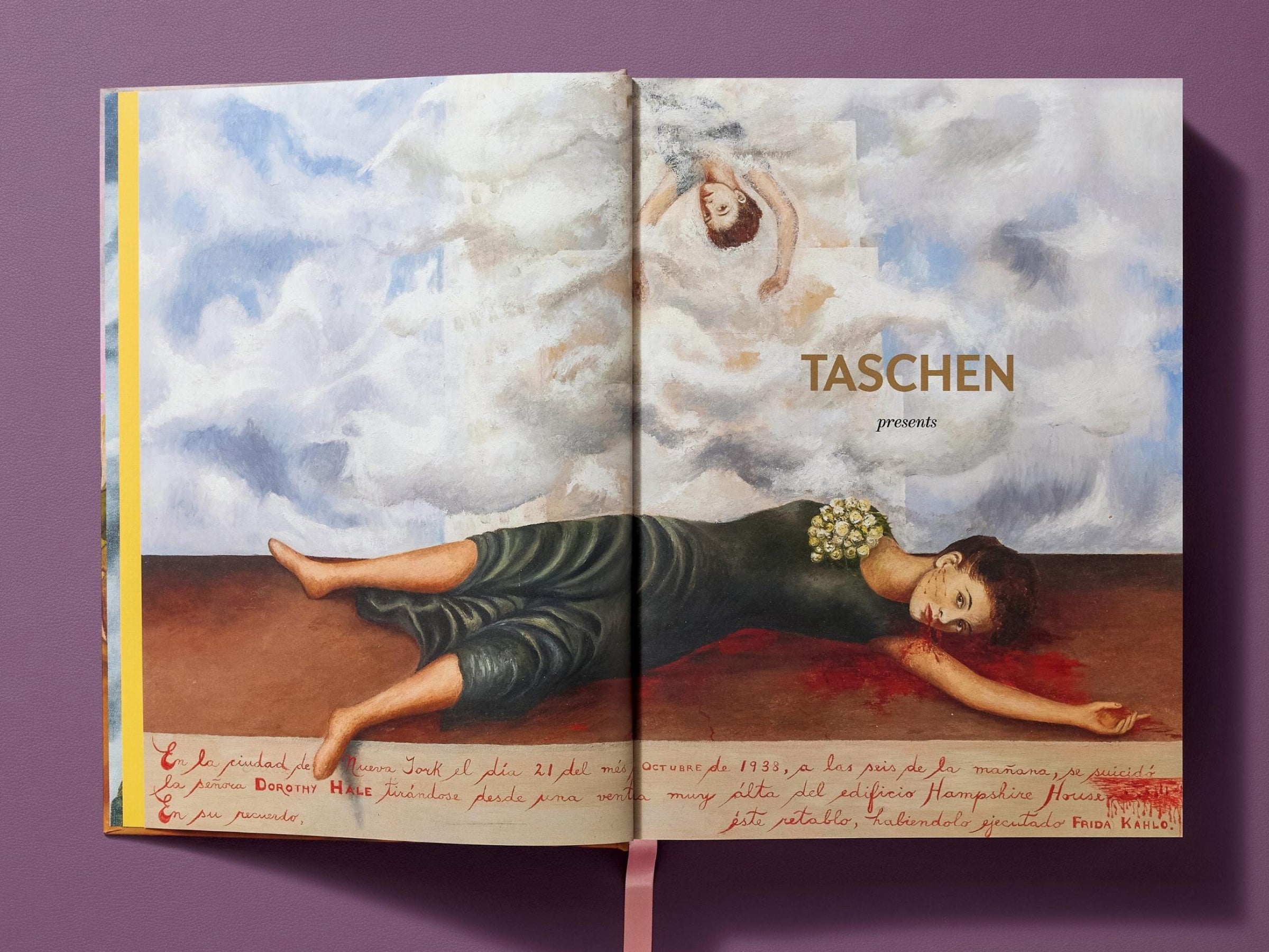 Open book cover of Frida Kahlo The Complete Paintings showing a reclining figure under a cloudy sky.