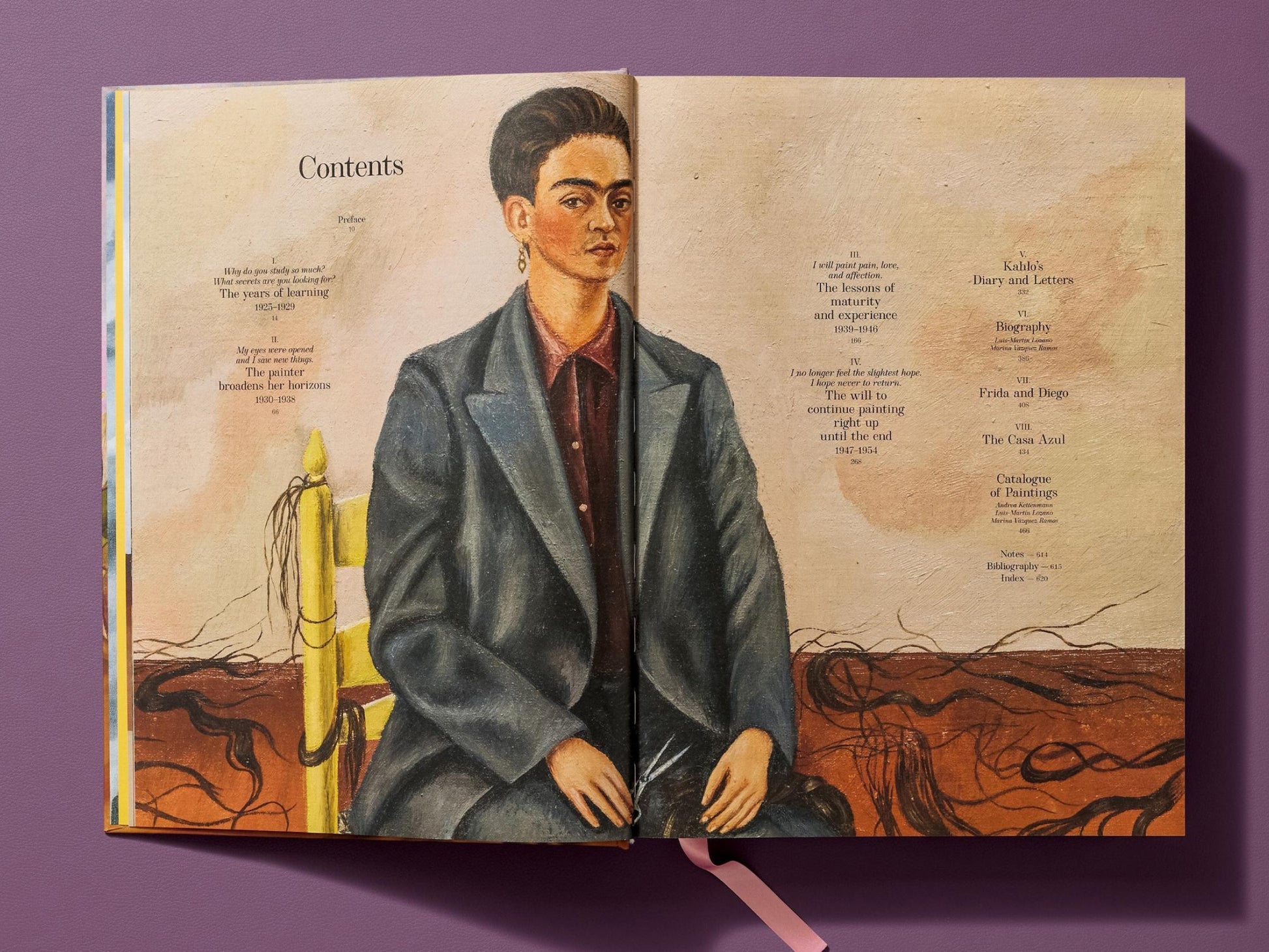 Contents spread from Frida Kahlo Complete Paintings with a portrait of a person in a gray suit and a dedication note at the bottom.