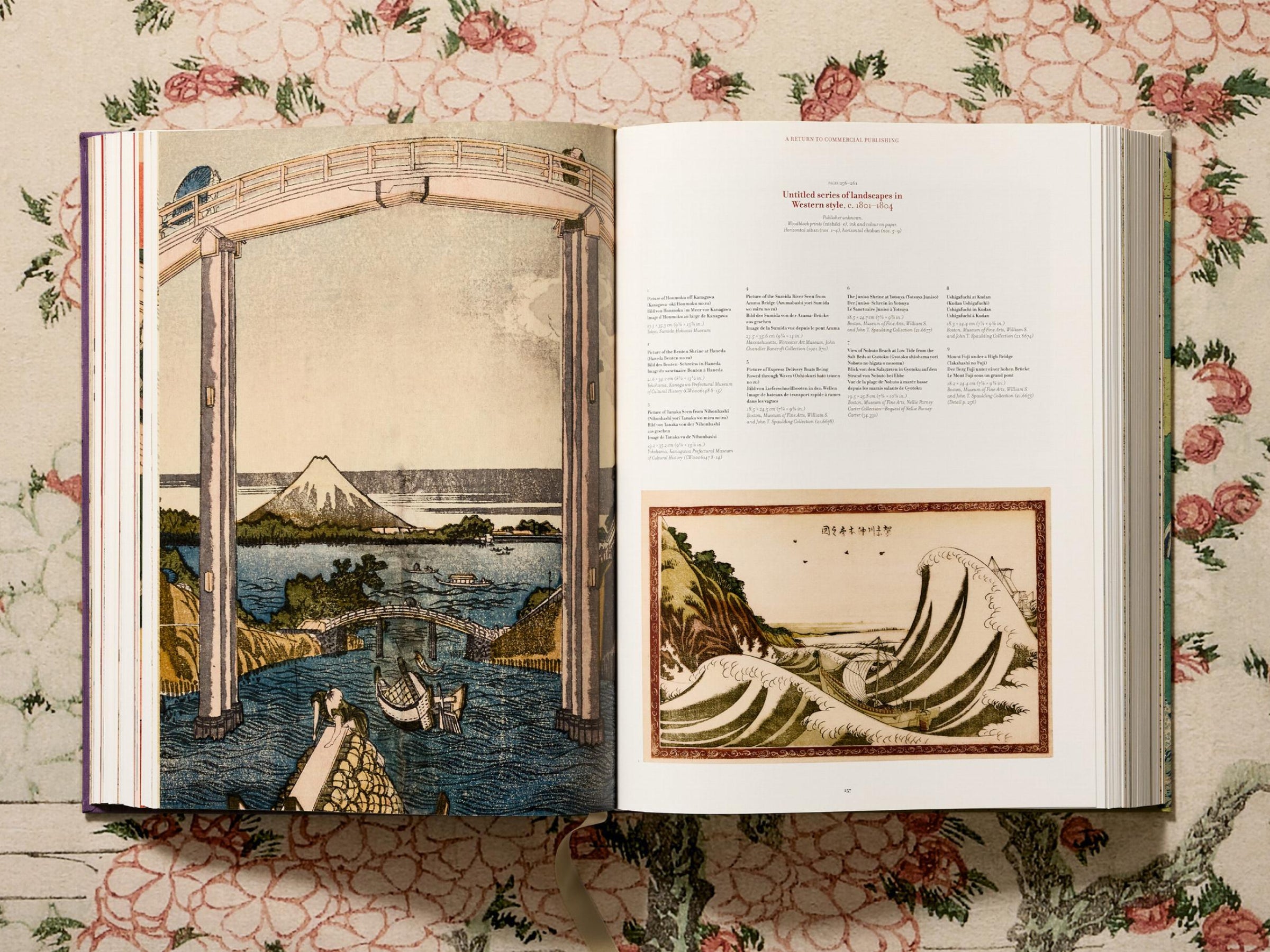 Hokusai book open to a spread with a coastal landscape and bridge on the left and a wave print on the right page.