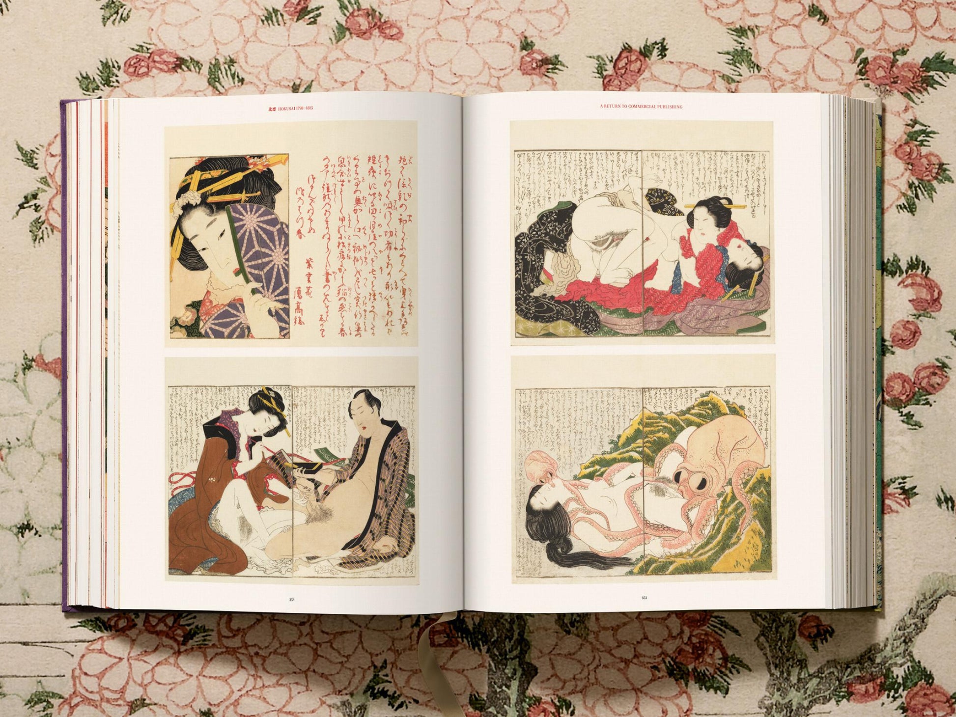 Open Hokusai art book showing four woodblock prints on a two page spread.