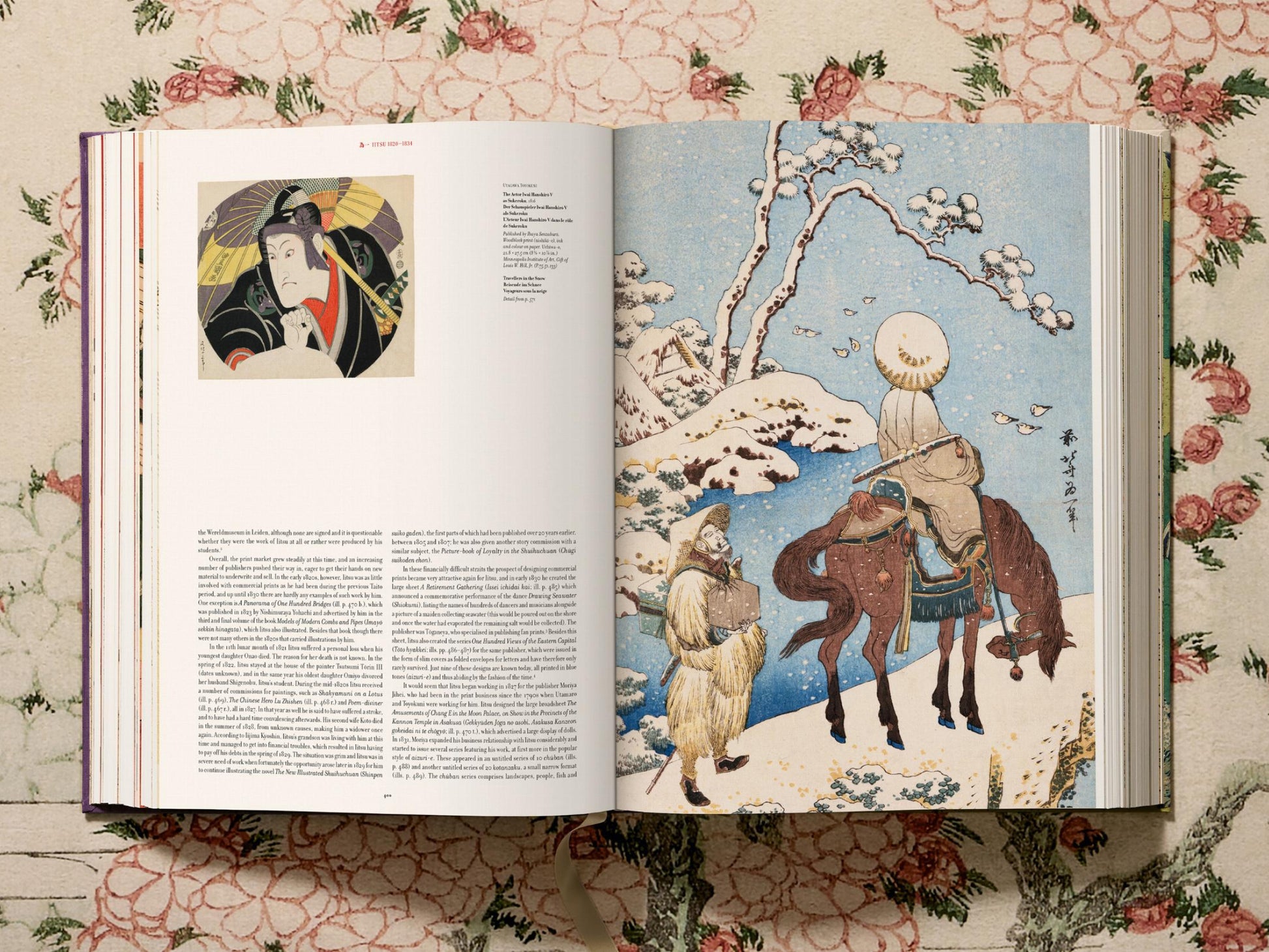 Hokusai art book spread with a portrait print on the left and a large blue winter landscape on the right.