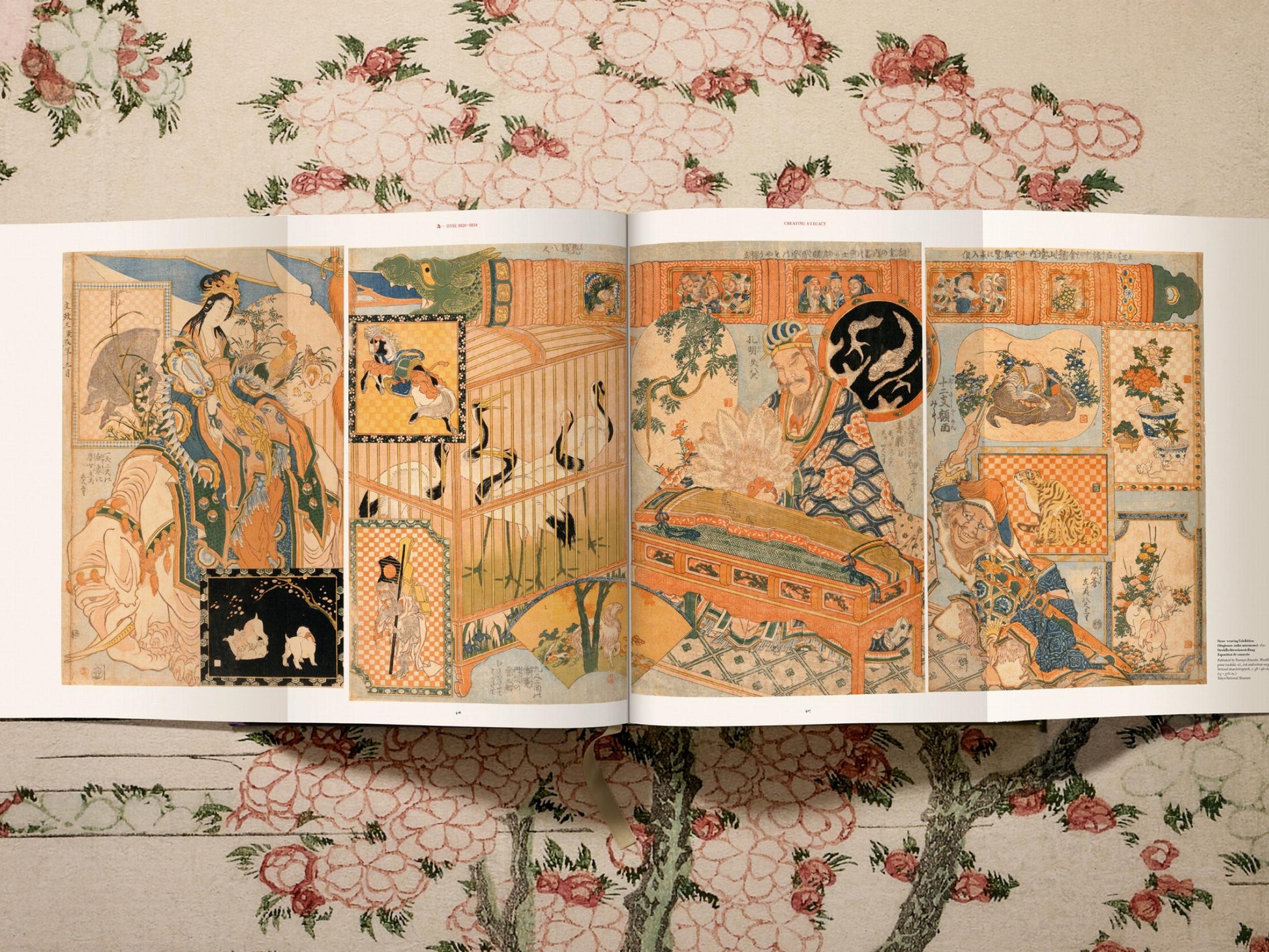 Two page spread from Hokusai volume showing a multi panel ukiyo-e scene with a regal figure on the left and a cage of birds in the center.