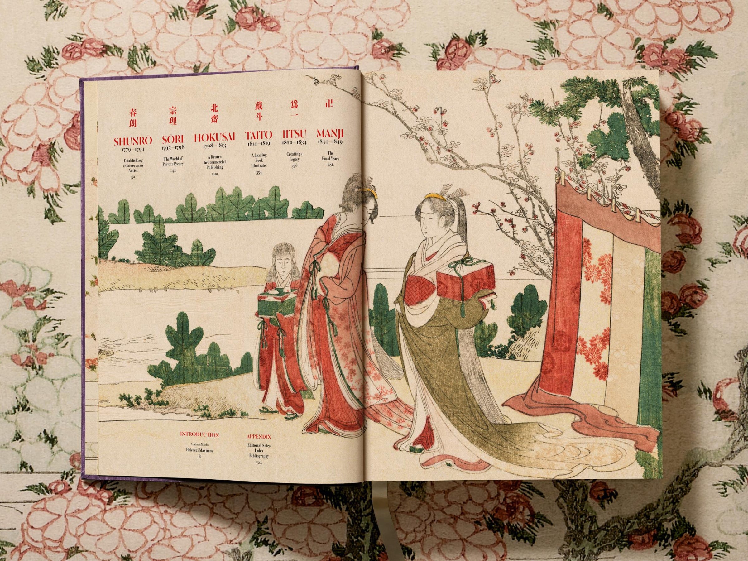 Open Hokusai book spread showing an ukiyo-e scene with figures in kimonos beside a landscape