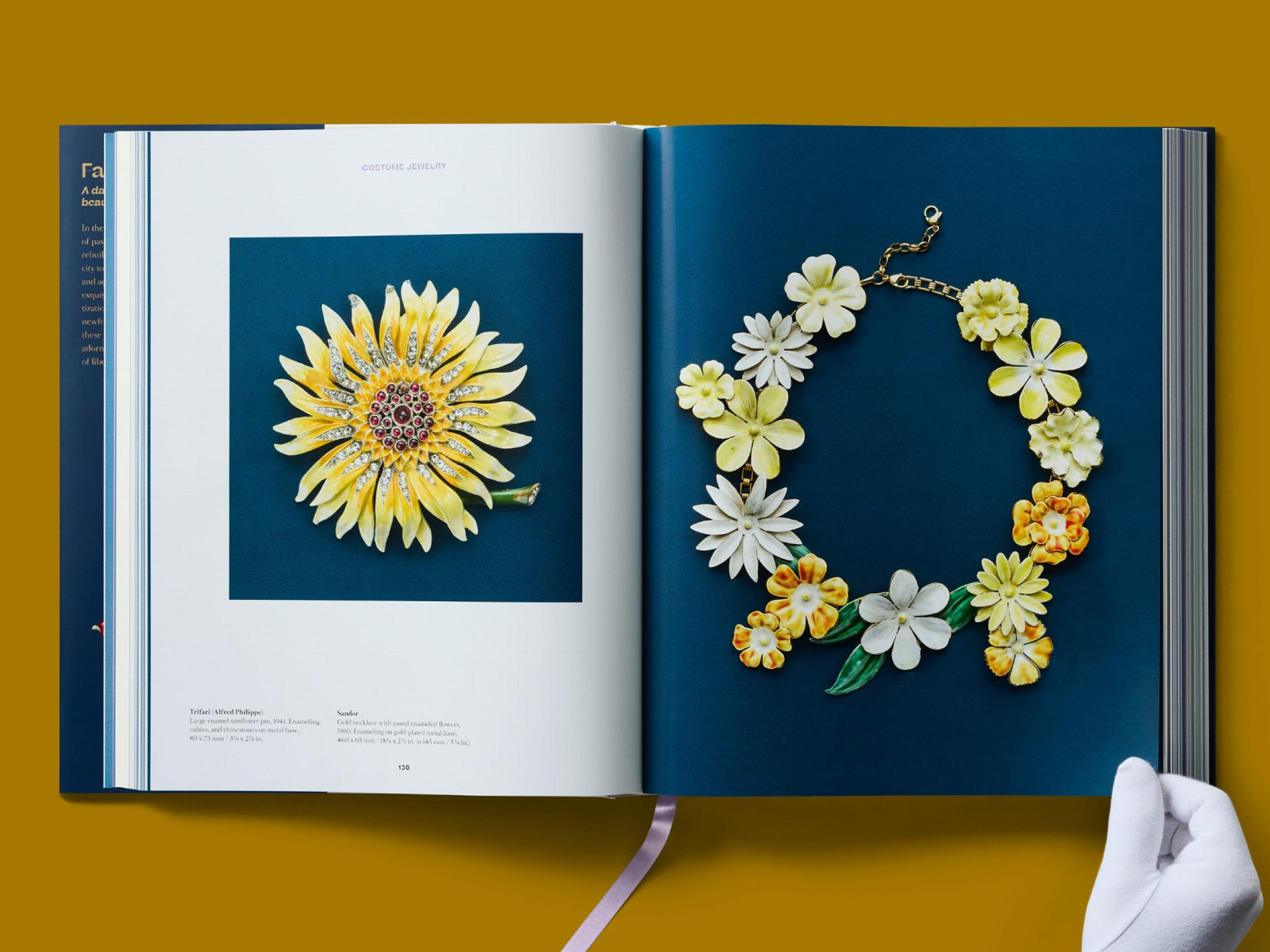 Costume Jewelry double page spread with a yellow flower brooch on the left and a floral necklace on the right.