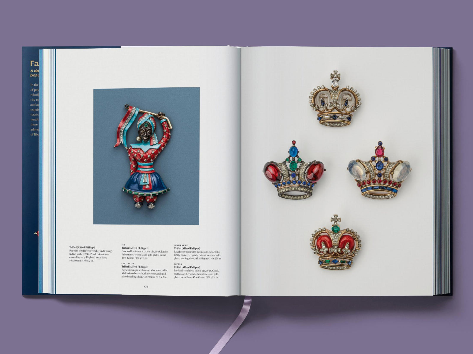 Two page spread from Costume Jewelry showing a colorful jeweled dancer brooch on blue background left and a display of jeweled crowns on white background right.