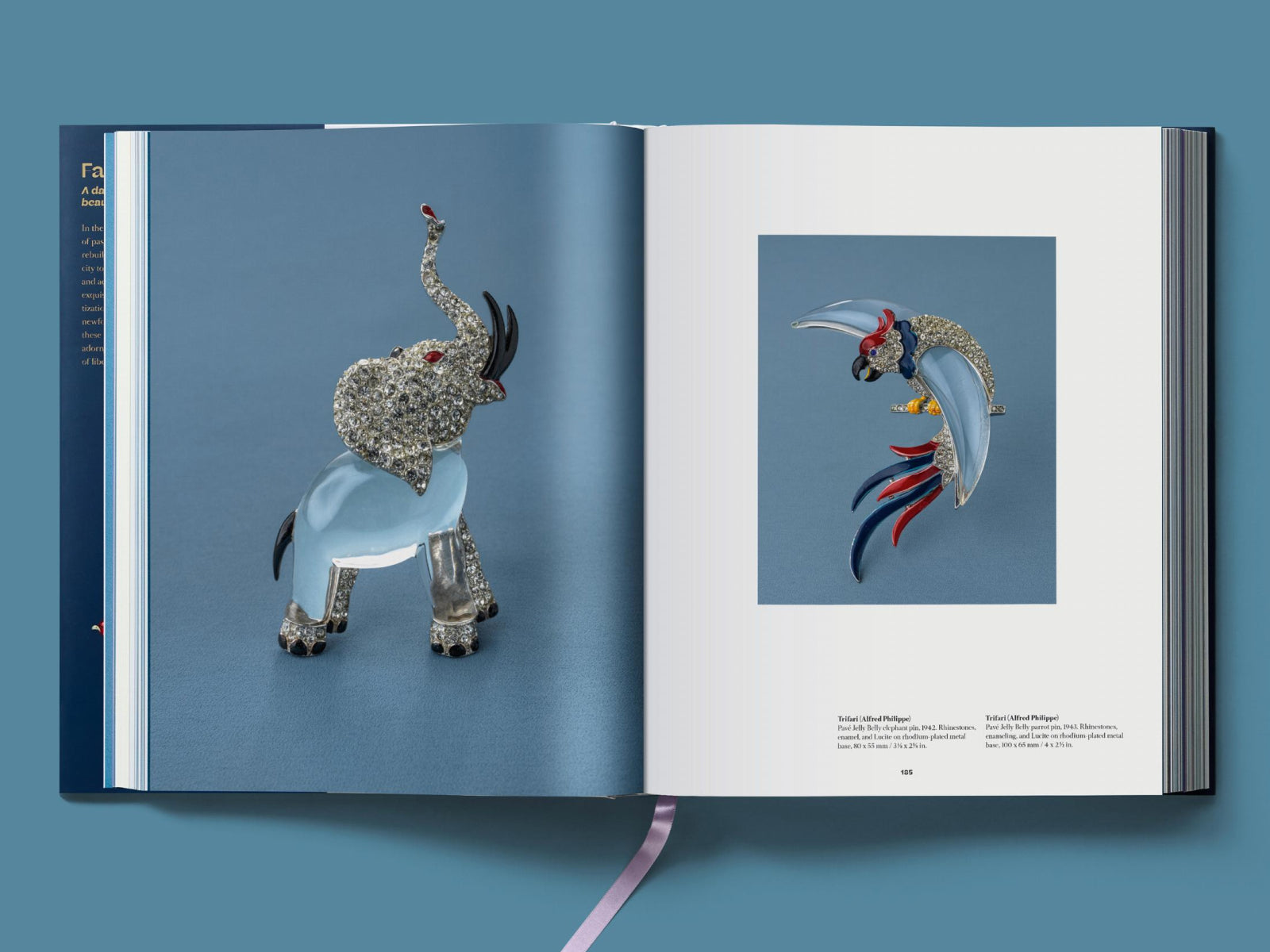 Spread from Costume Jewelry featuring a crystal encrusted elephant sculpture on a blue page and a jewel parrot brooch on a blue square.