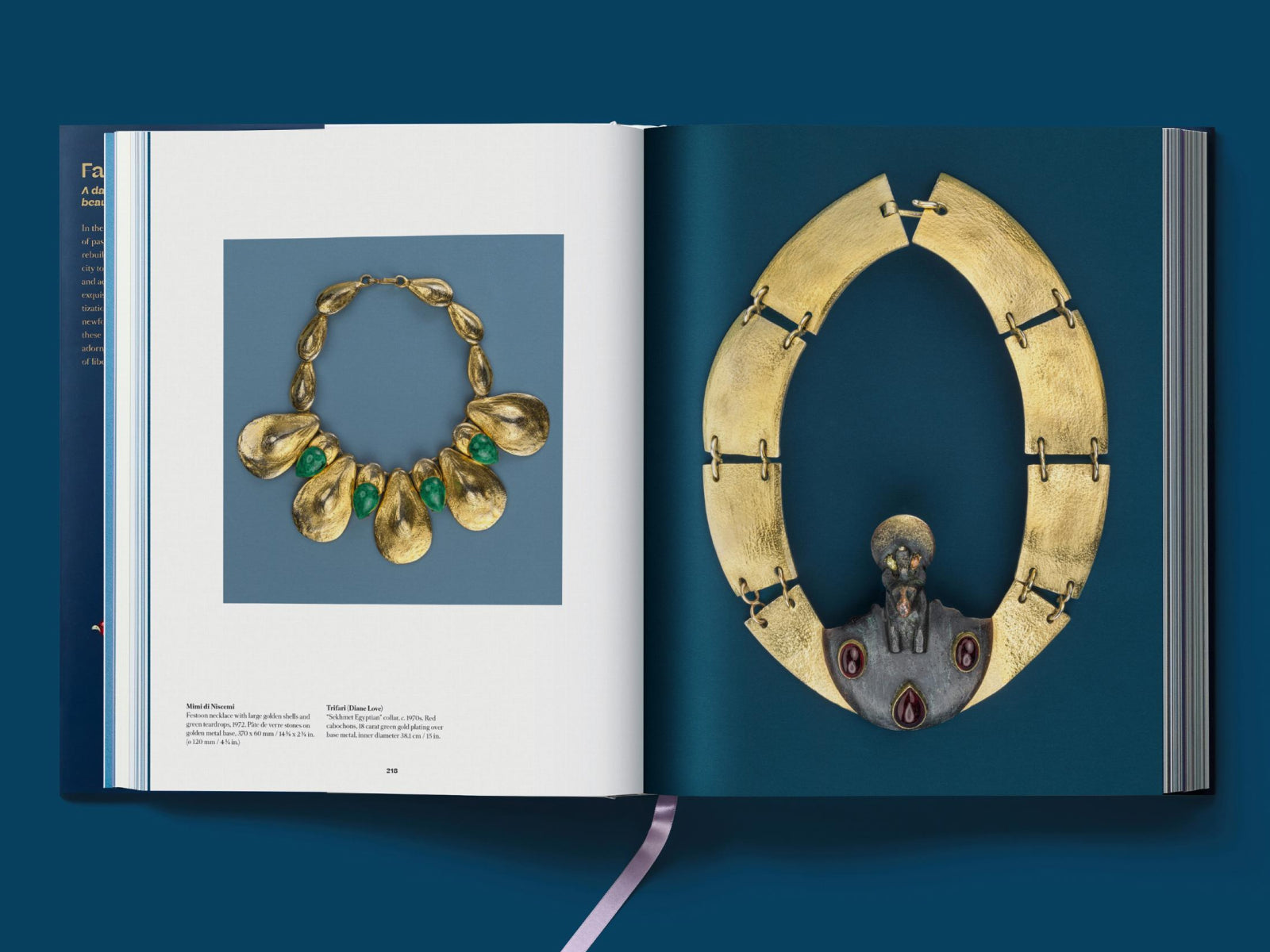 Spread from Costume Jewelry with a gold necklace of leaf shaped links and green stones on left and a bold segmented gold necklace on right.