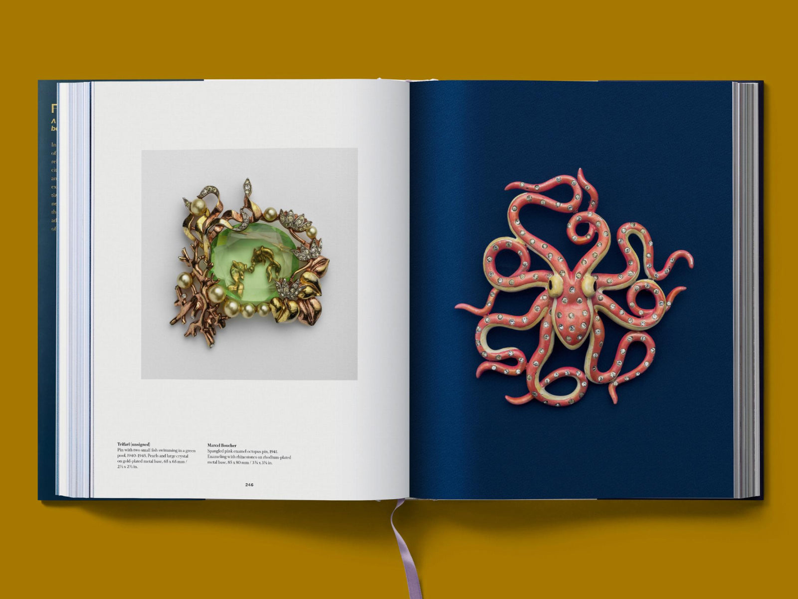 Open spread from Costume Jewelry with a green gem brooch on the left and a pink jeweled octopus on the right.