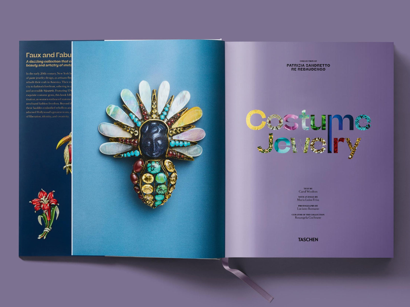 Open book spread featuring a jeweled brooch on blue page and a purple page with Costume Jewelry title