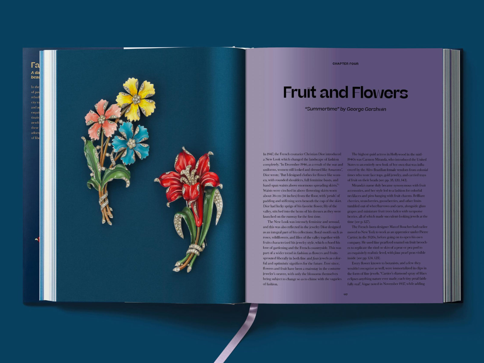 Open book spread showing a jeweled floral brooch on a blue page and a purple title page reading Fruit and Flowers.