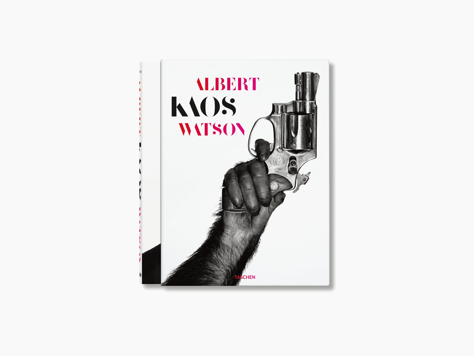 Kaos hardcover by Albert Watson features a split image with a man's face on the left and a raised revolver on the right