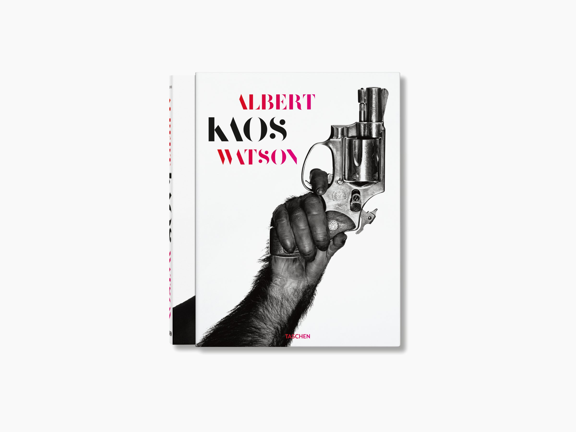 Kaos hardcover by Albert Watson features a split image with a man's face on the left and a raised revolver on the right