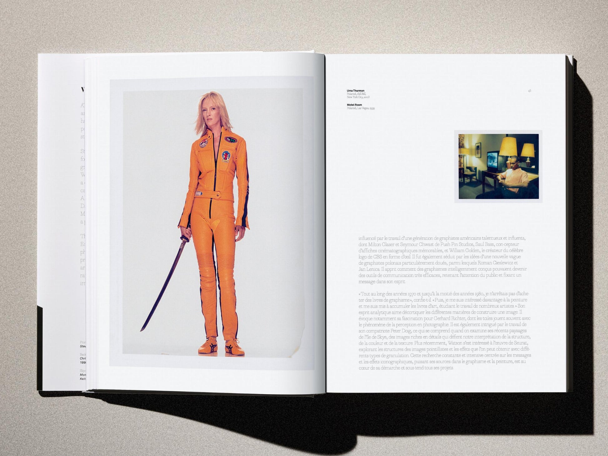 Full-page portrait of a woman in an orange jumpsuit holding a sword on the left page, opposite text and a small inset photo.