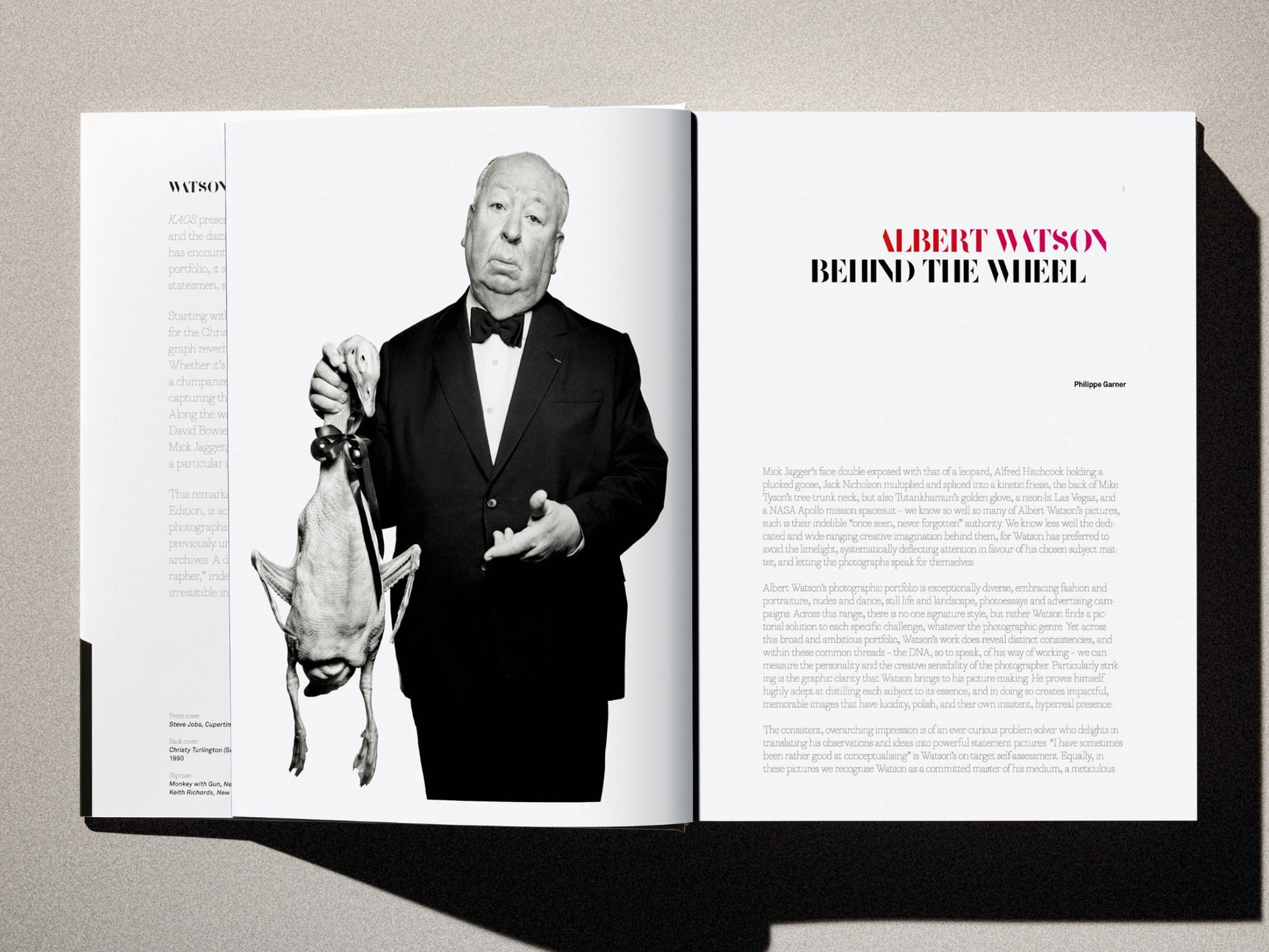 Open Kaos spread with a black and white portrait on the left and the Behind the Wheel title page on the right.