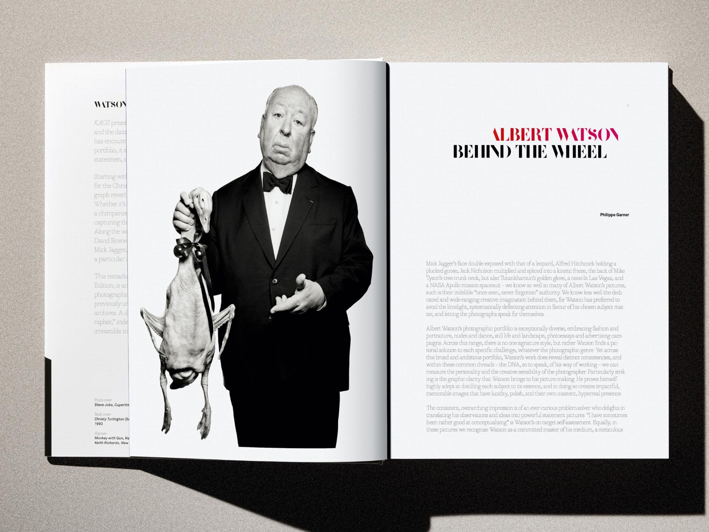 Open Kaos spread with a black and white portrait on the left and the Behind the Wheel title page on the right.