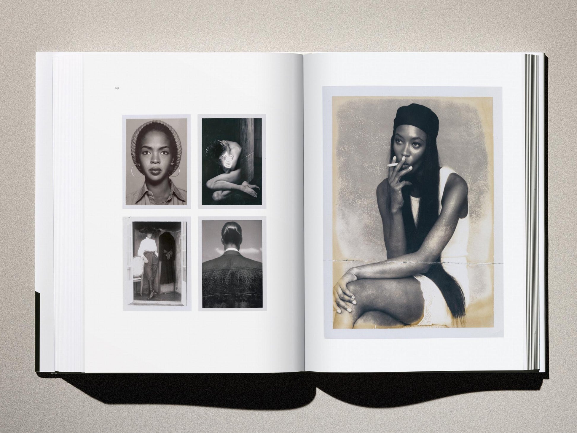 Left page grid of four grayscale portraits; right page large color portrait of a woman in a beanie smoking