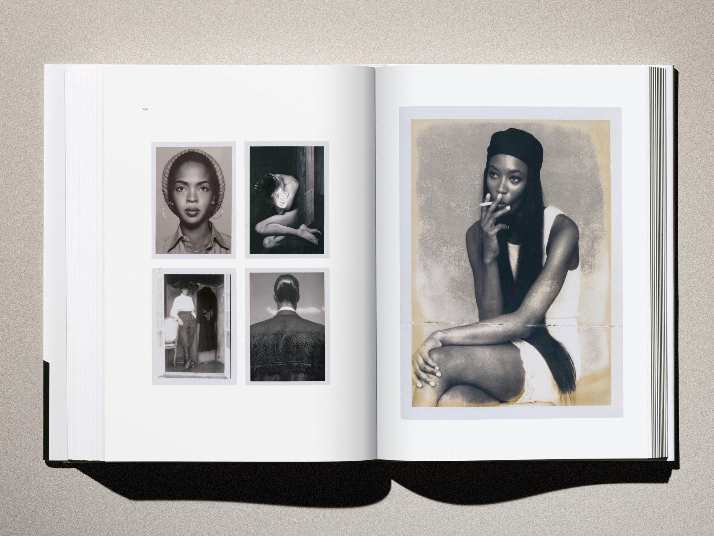 Left page grid of four grayscale portraits; right page large color portrait of a woman in a beanie smoking