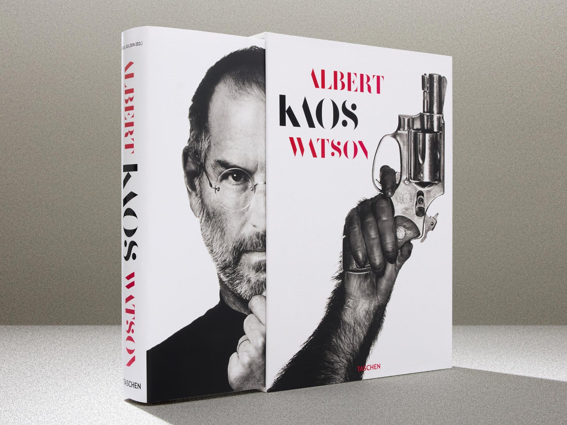 Kaos book display showing two white covers with a close up of a revolver and bold Albert Watson typography