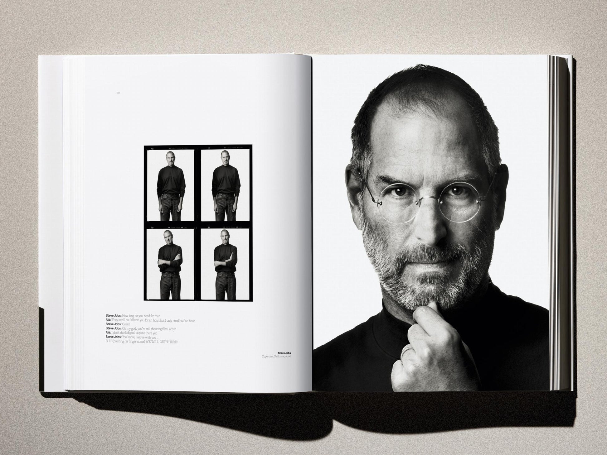 Two-page spread with a large black-and-white Steve Jobs portrait on the right and a four-panel grid on the left.