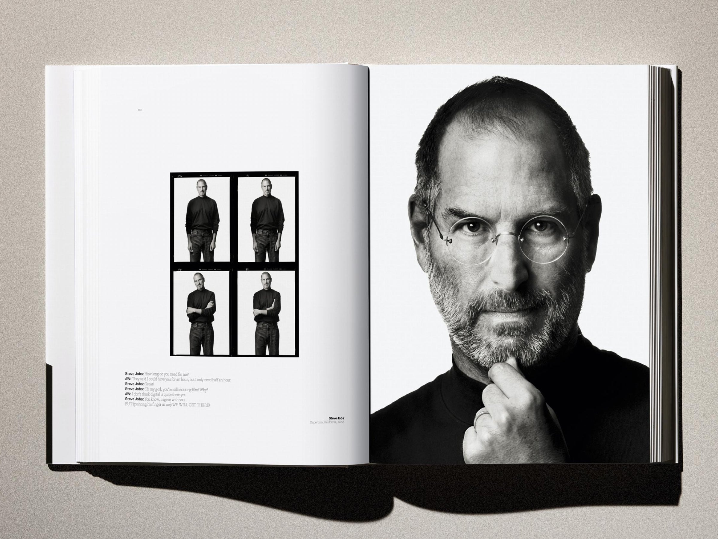 Two-page spread with a large black-and-white Steve Jobs portrait on the right and a four-panel grid on the left.