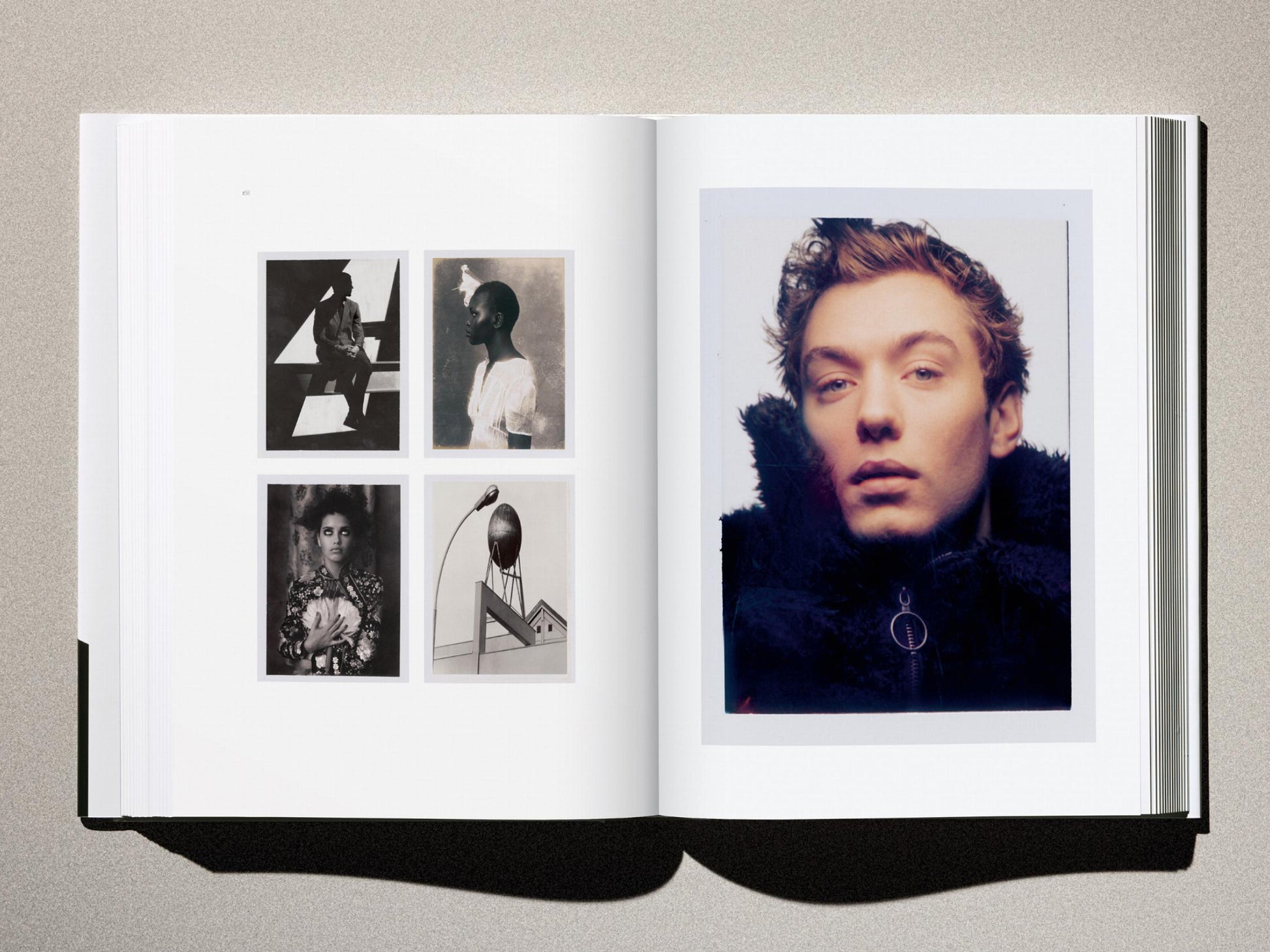 Open book spread showing four small black and white portraits on the left and a large color portrait on the right.