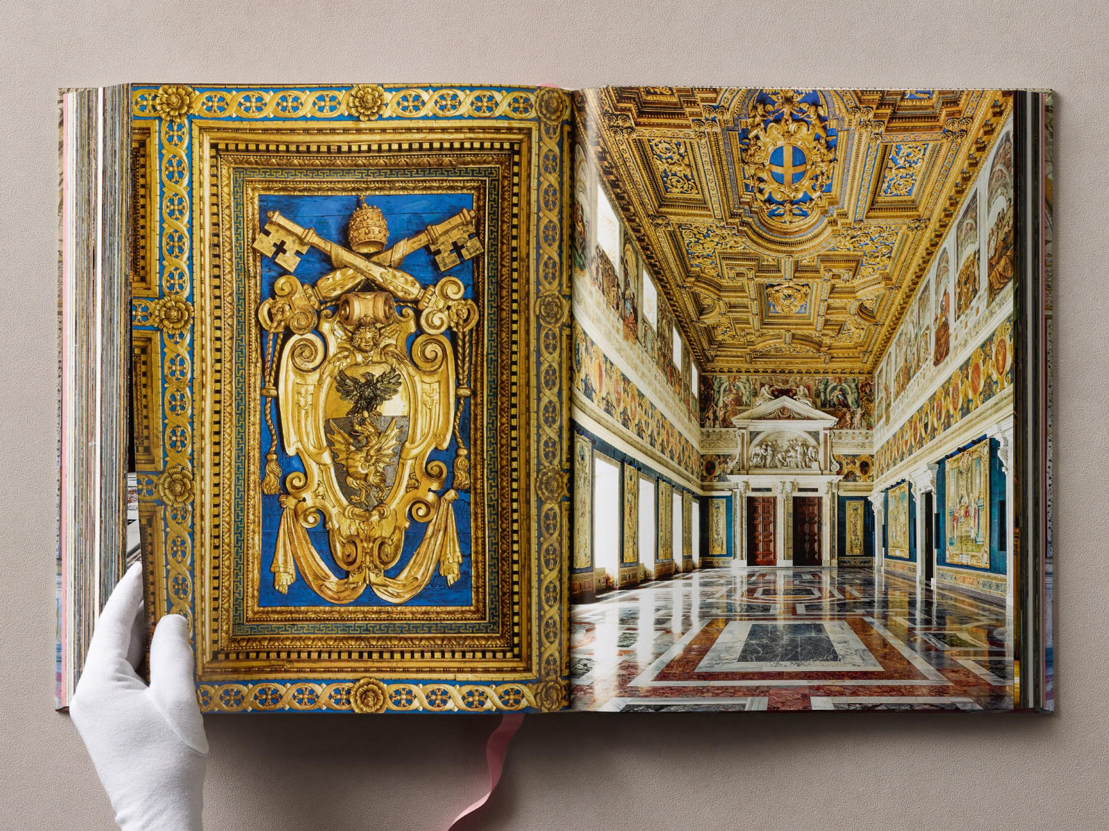 Double-page spread of gilded palace interiors with a blue and gold crest on the left and a grand hall with ornate ceiling on the right
