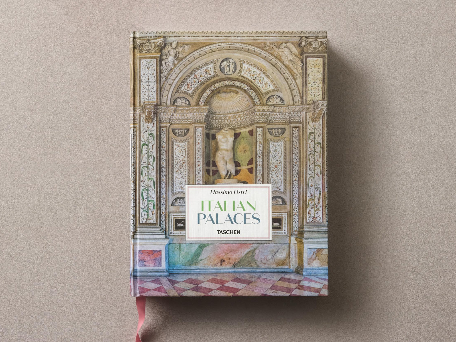 Hardcover Massimo Listri Italian Palaces with ornate archway cover on a beige background