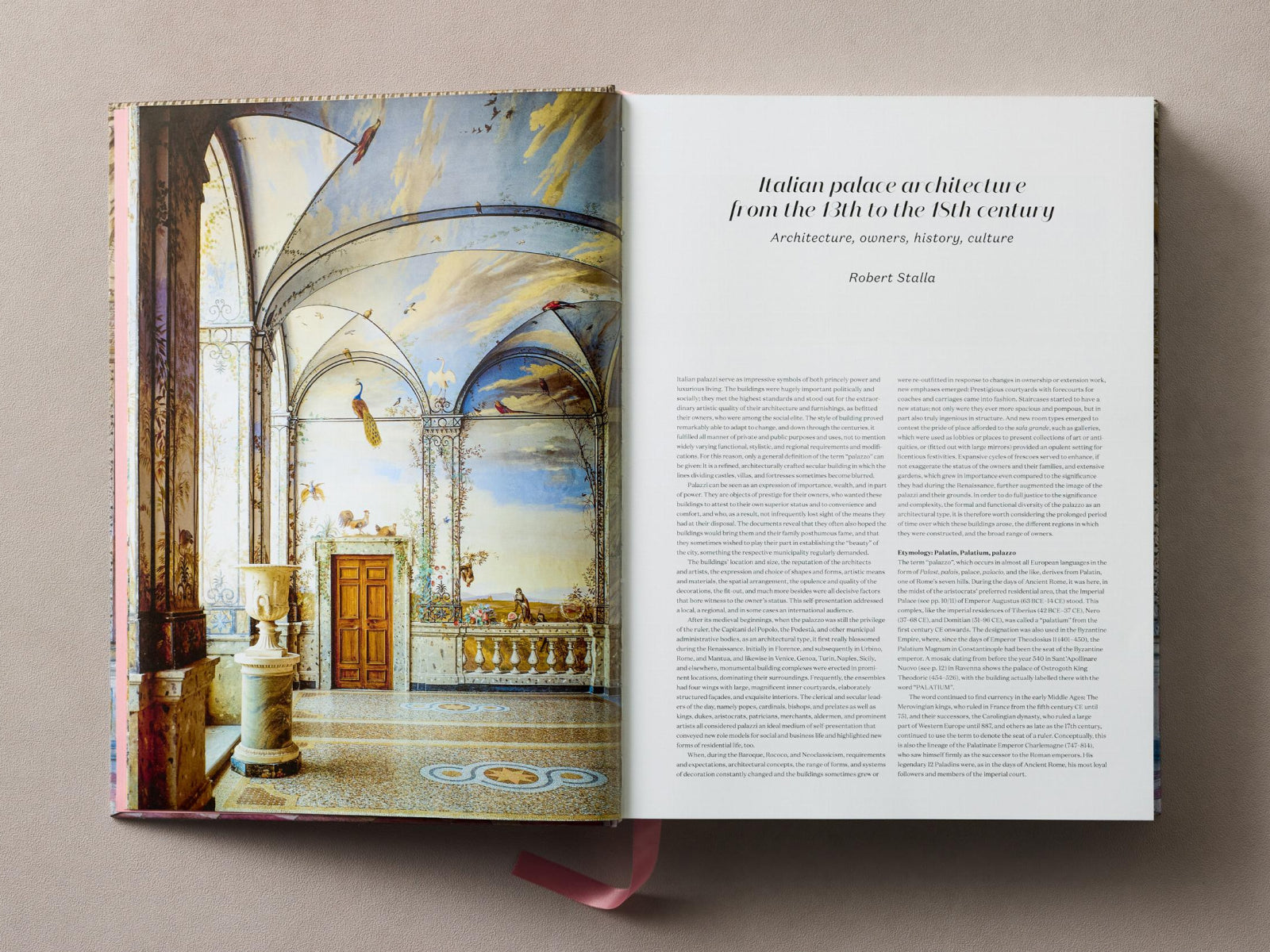 Left page shows ornate palace interior with arches and columns, right page features an article on Italian palace architecture.