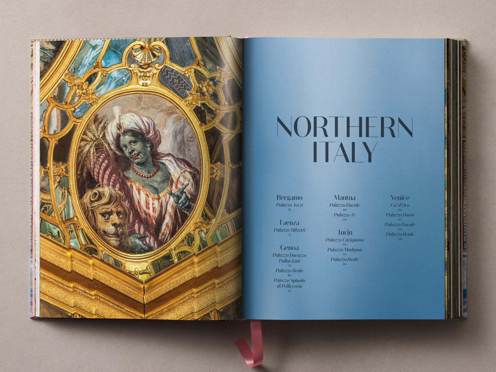 Open book spread showing a gilded palace interior on the left and a blue Northern Italy page listing palaces on the right